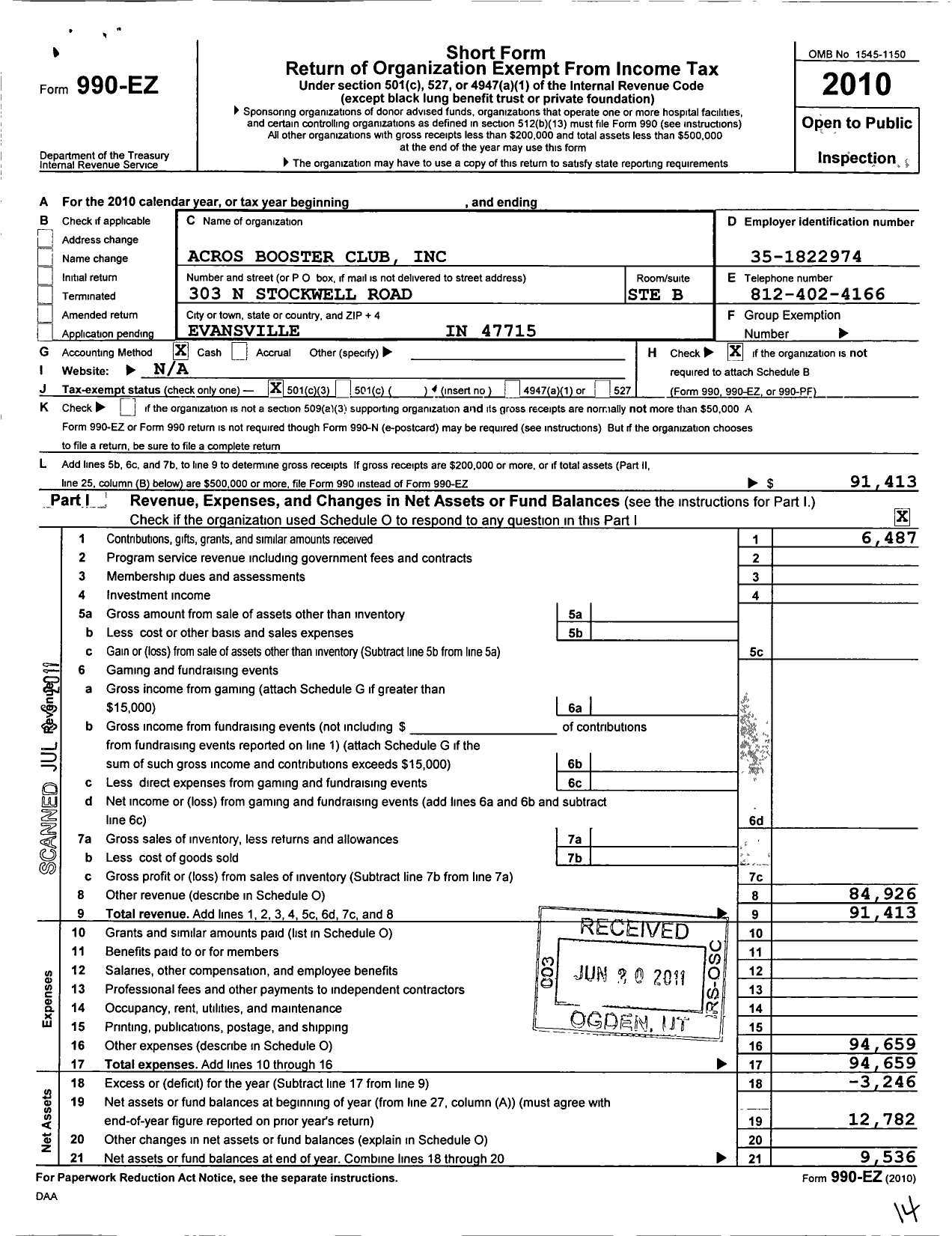 Image of first page of 2010 Form 990EZ for Acros Booster Club