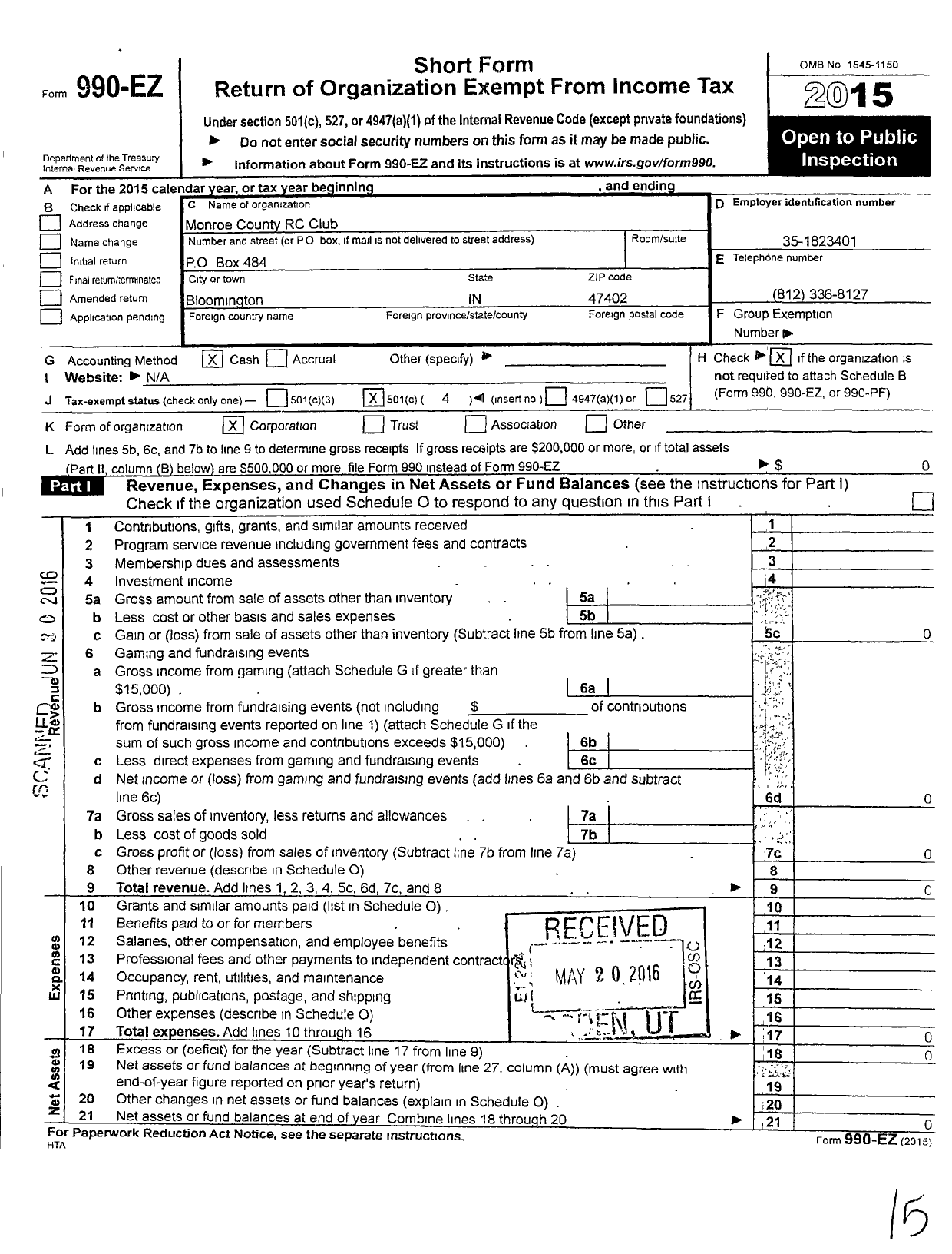 Image of first page of 2015 Form 990EO for Monroe County RC Club