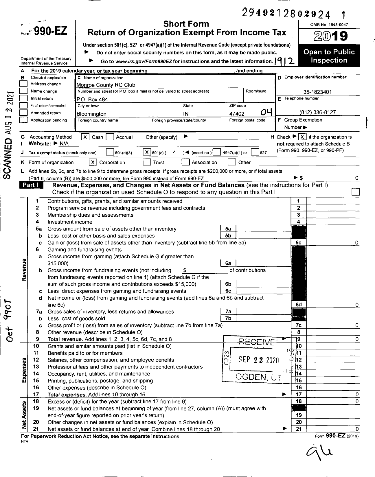 Image of first page of 2019 Form 990EO for Monroe County RC Club