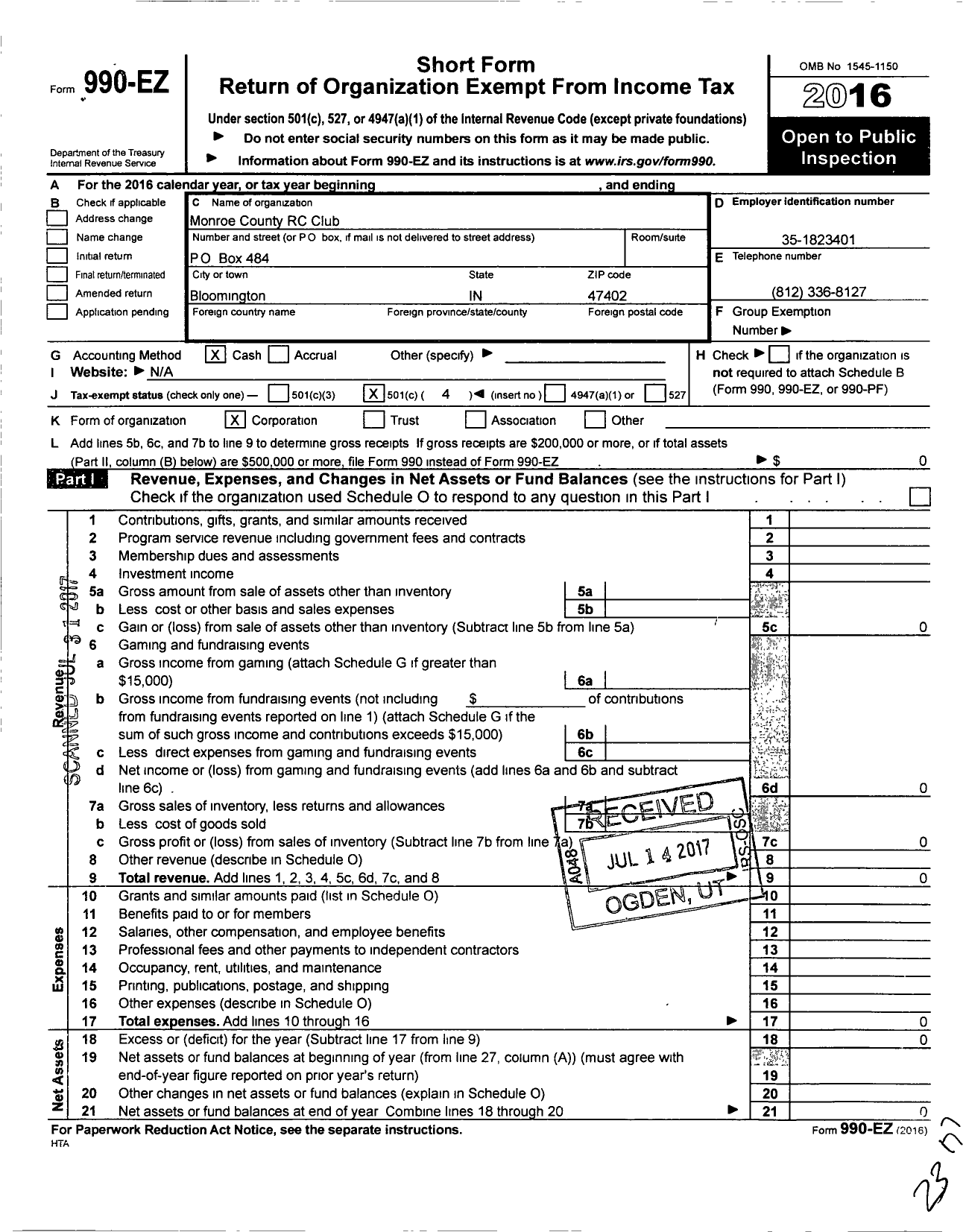 Image of first page of 2016 Form 990EO for Monroe County RC Club