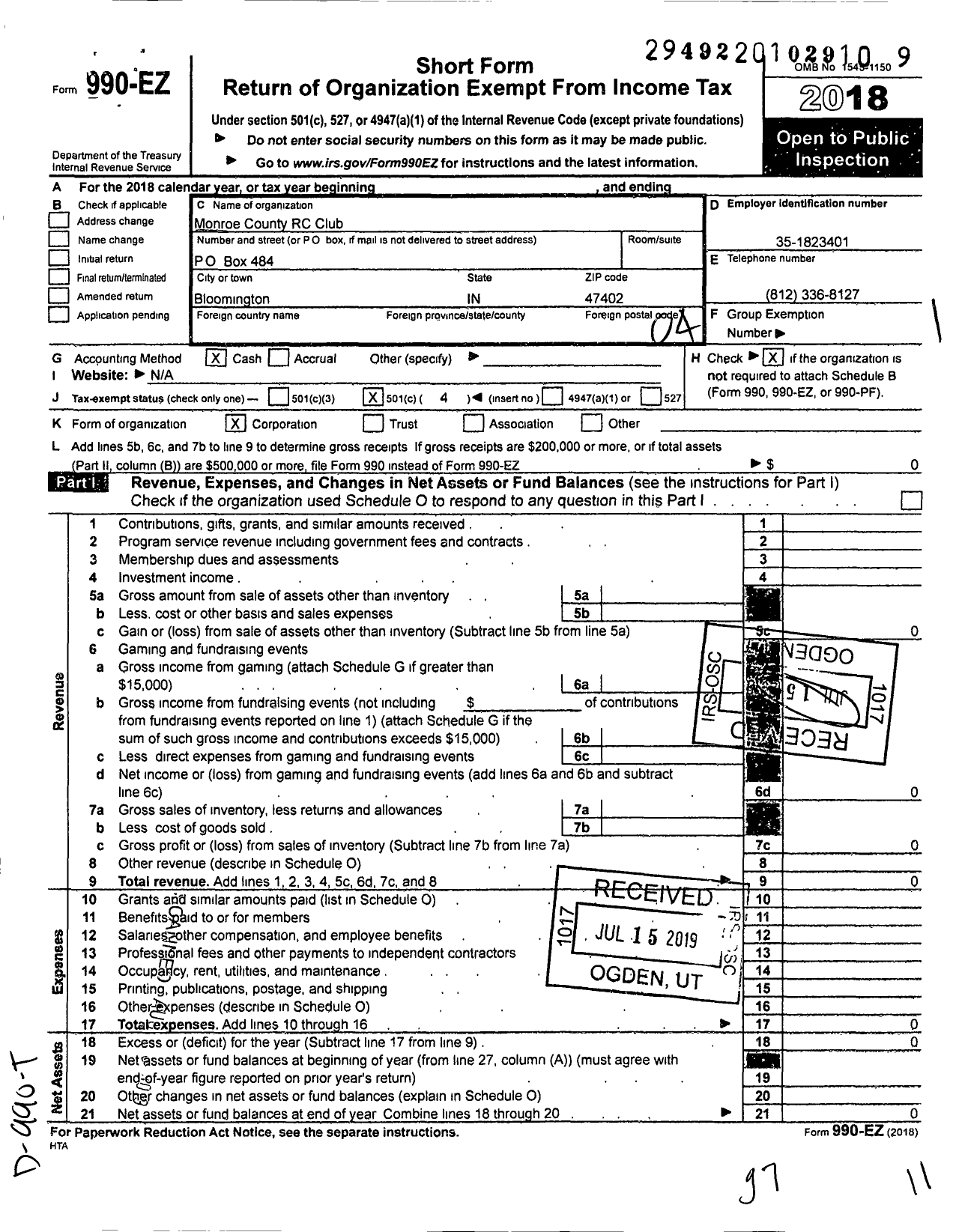 Image of first page of 2018 Form 990EO for Monroe County RC Club