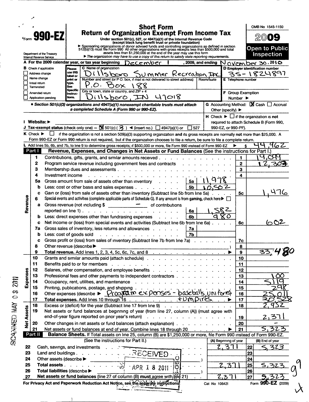 Image of first page of 2009 Form 990EZ for Dillsboro Summer Recreation