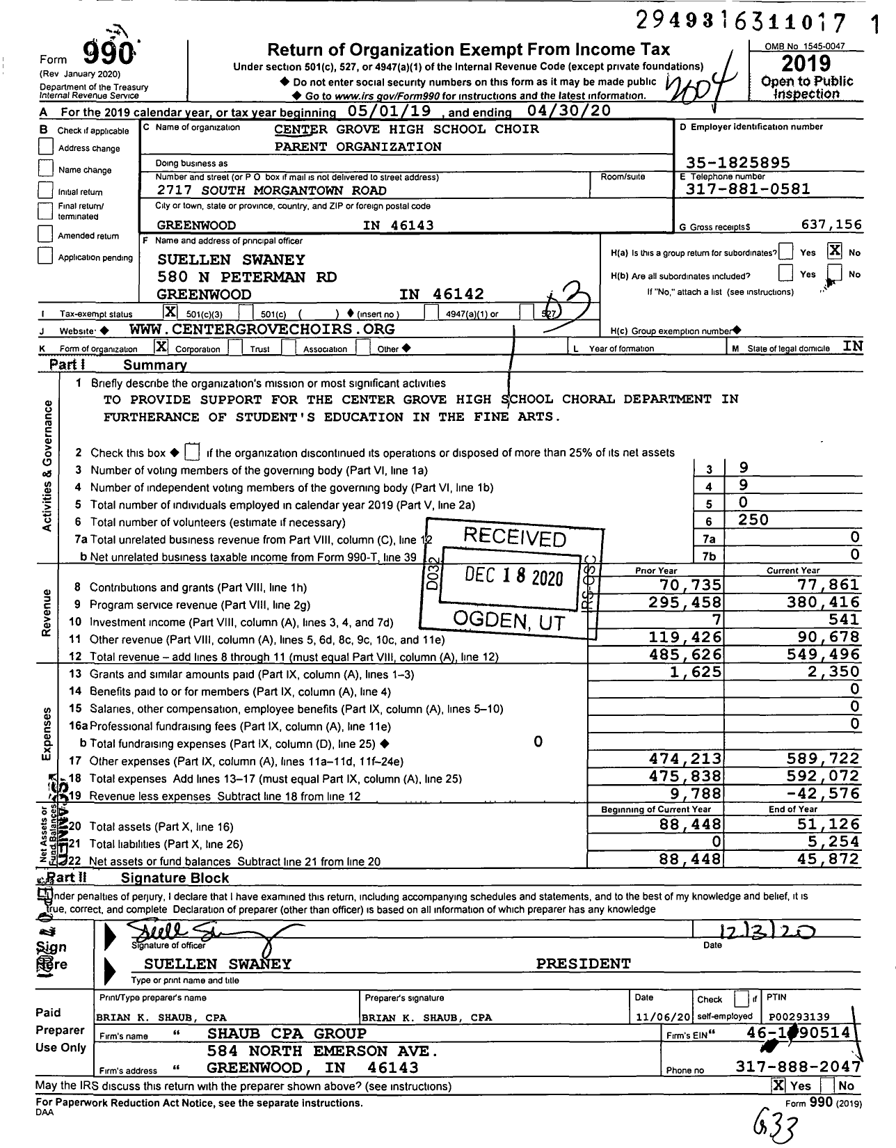 Image of first page of 2019 Form 990 for Center Grove High School Choir Parent Organization