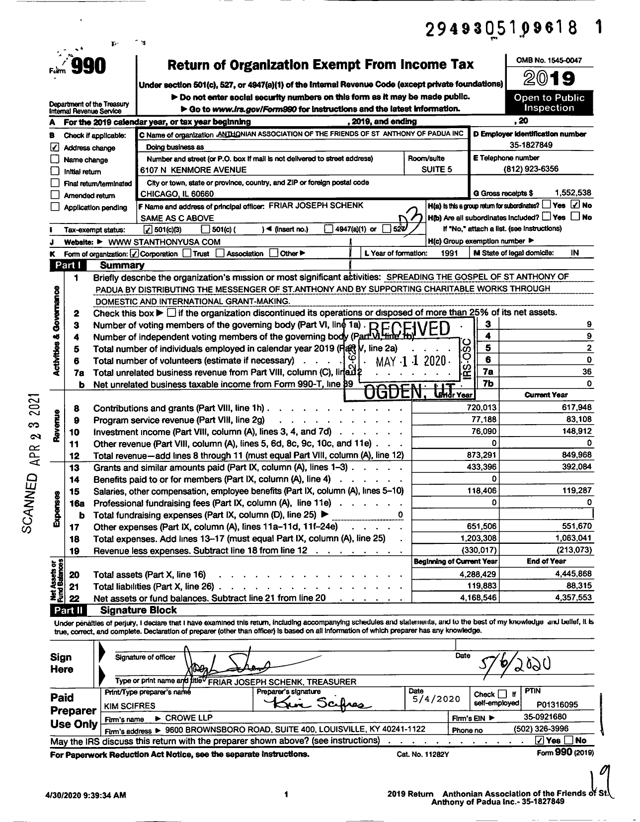 Image of first page of 2019 Form 990 for Anthonian Association of the Friends of St Anthony of Padua