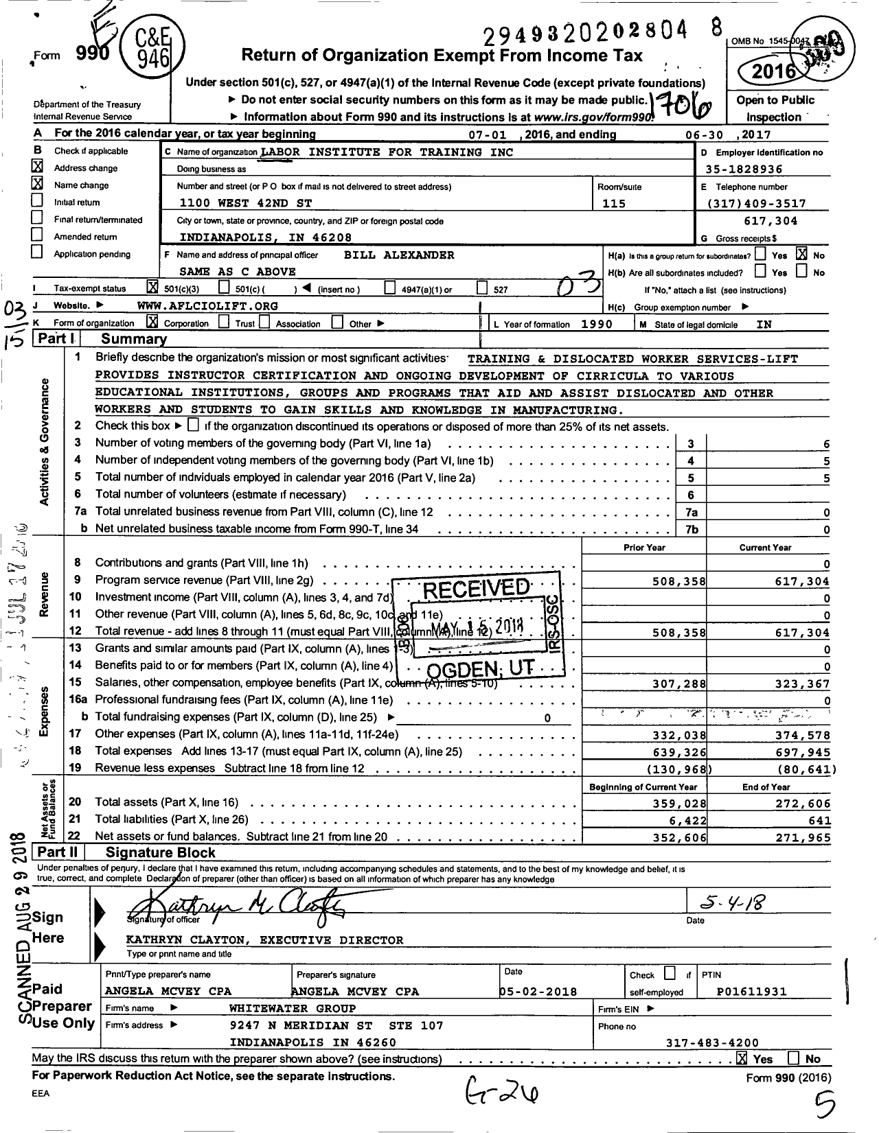 Image of first page of 2016 Form 990 for Labor Institute for Training