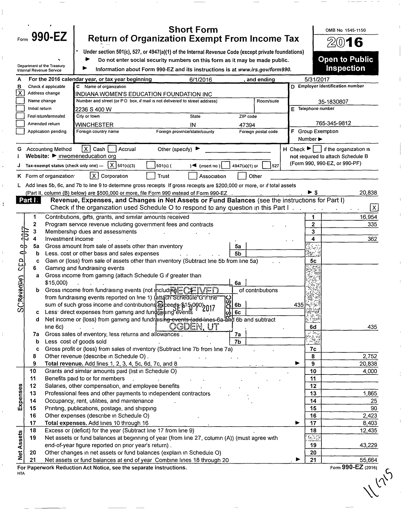 Image of first page of 2016 Form 990EZ for Indiana Business and Professional Womens Foundation