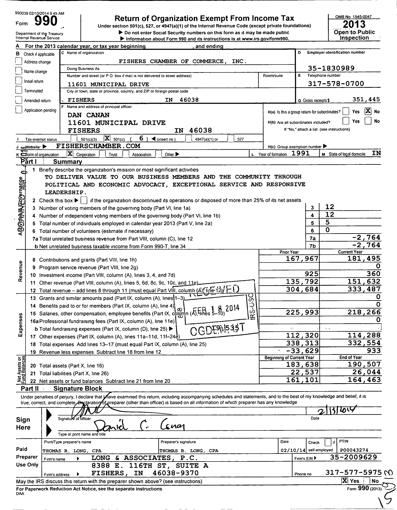 Image of first page of 2013 Form 990O for Fishers Chamber of Commerce