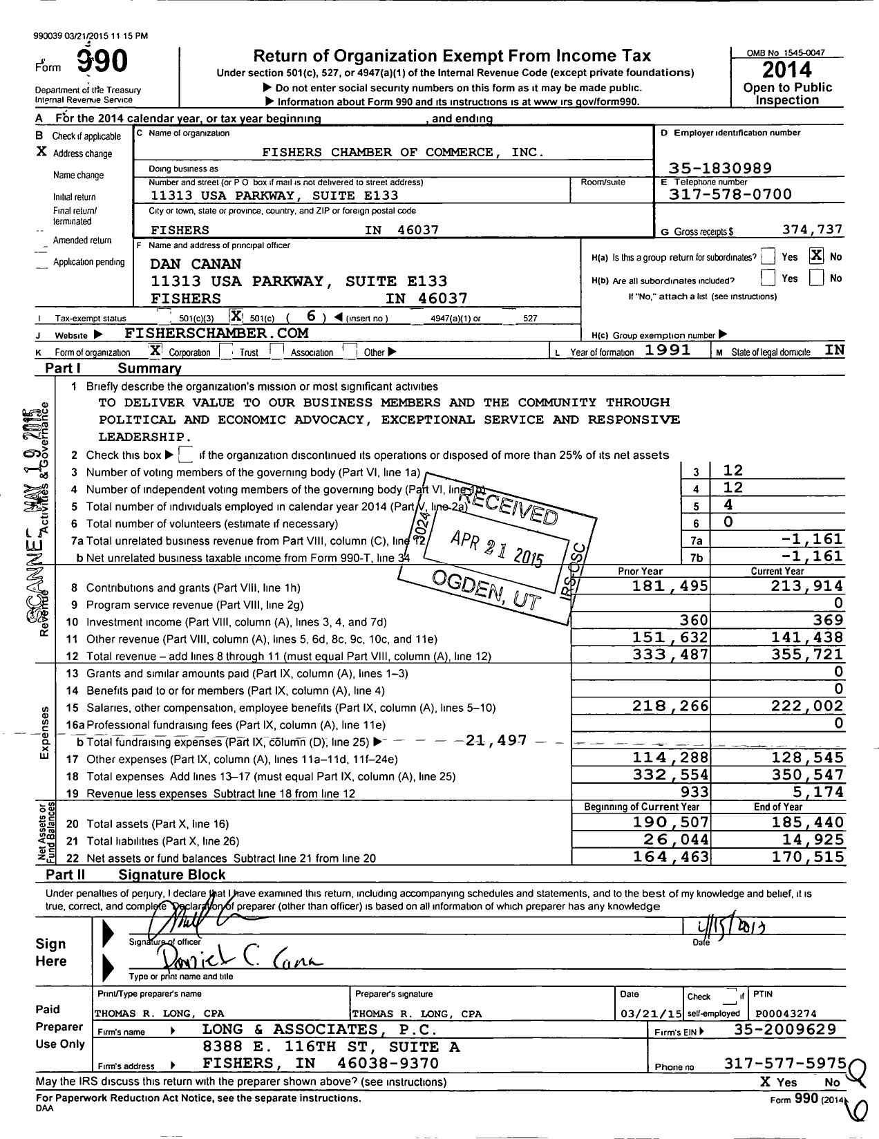 Image of first page of 2014 Form 990O for Fishers Chamber of Commerce