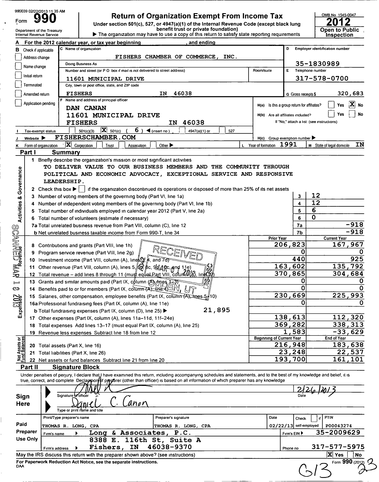 Image of first page of 2012 Form 990O for Fishers Chamber of Commerce