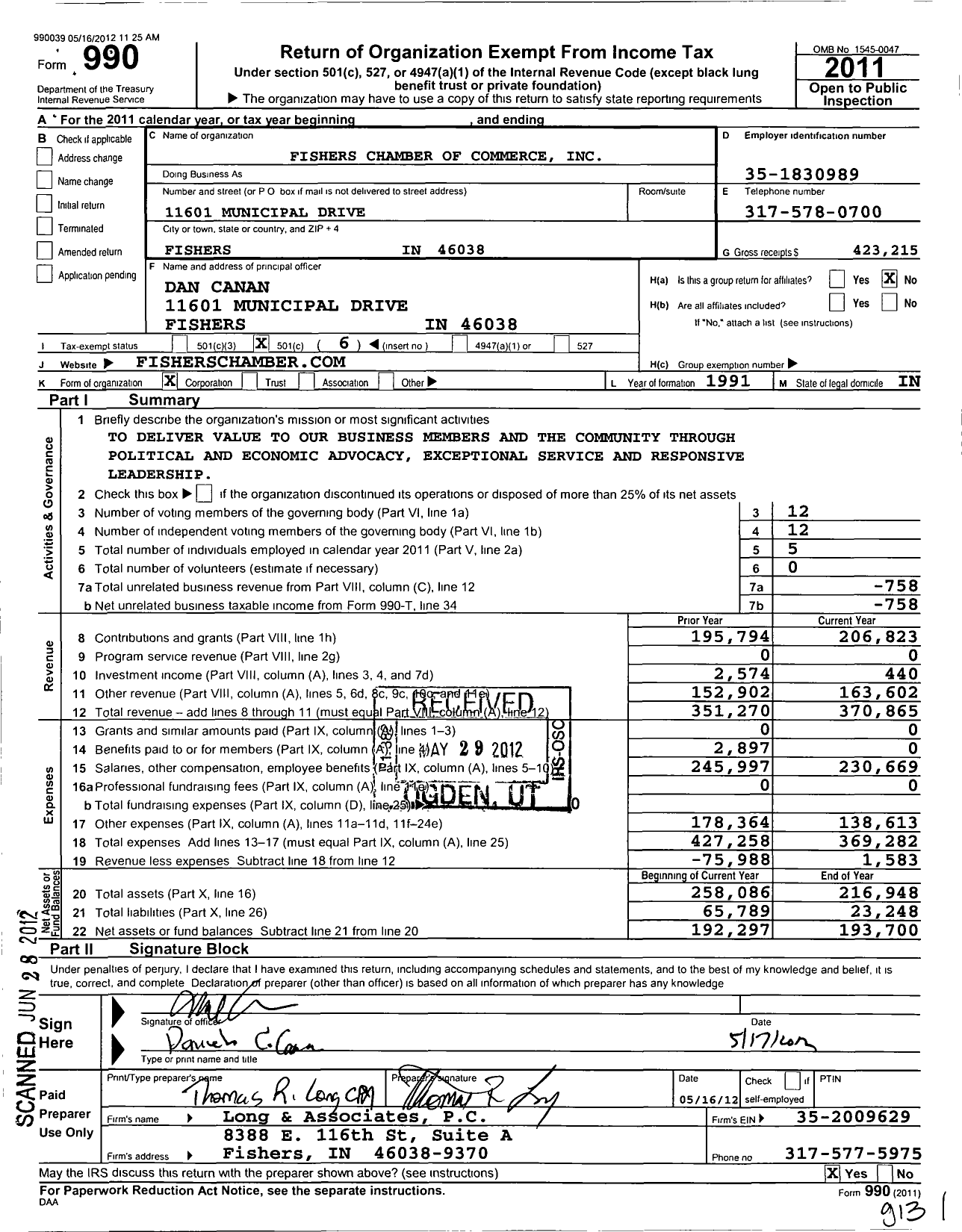 Image of first page of 2011 Form 990O for Fishers Chamber of Commerce