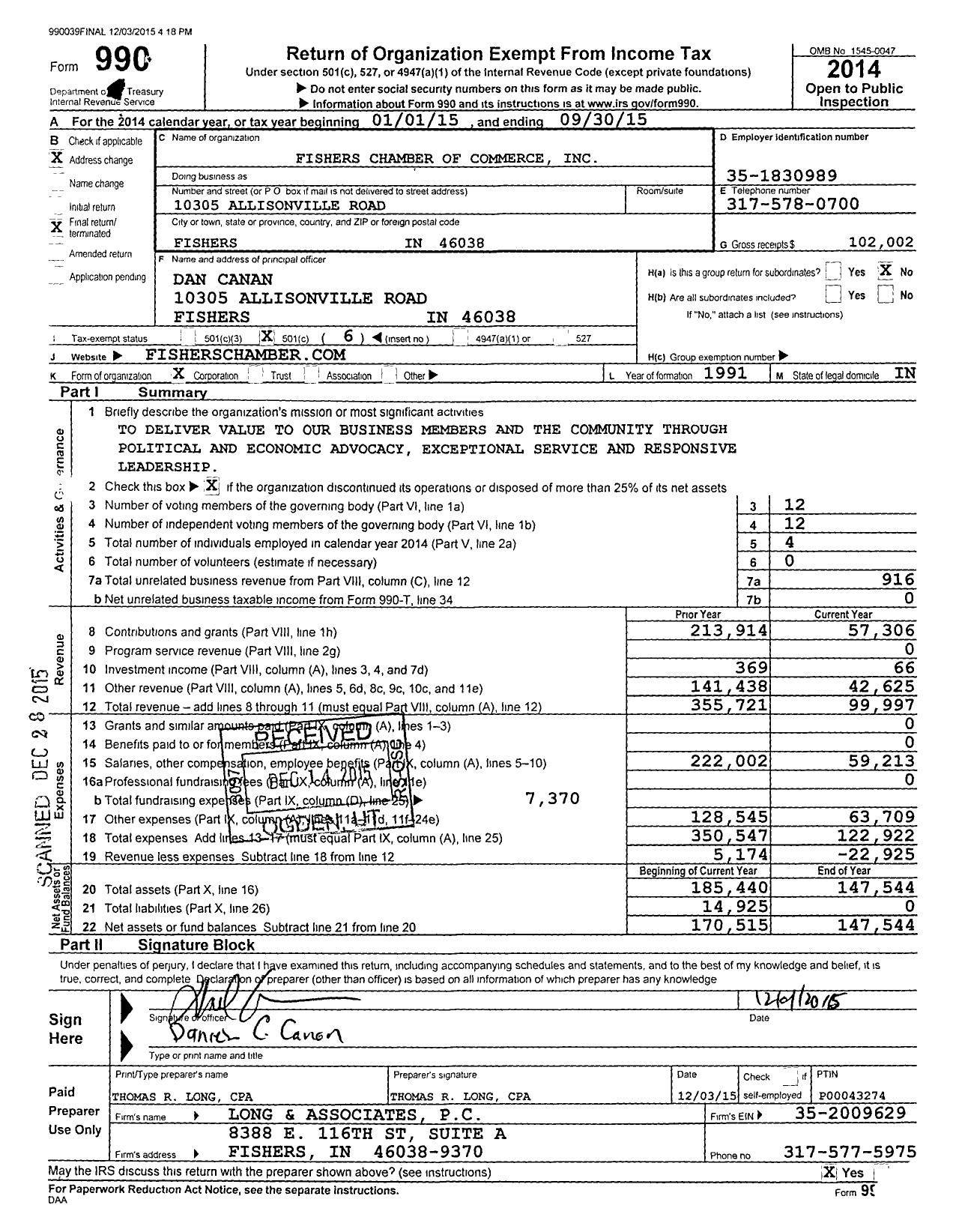 Image of first page of 2014 Form 990O for Fishers Chamber of Commerce