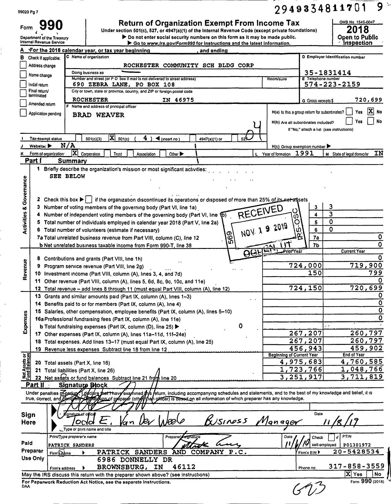 Image of first page of 2018 Form 990O for Rochester Community SCH Bldg Corporation