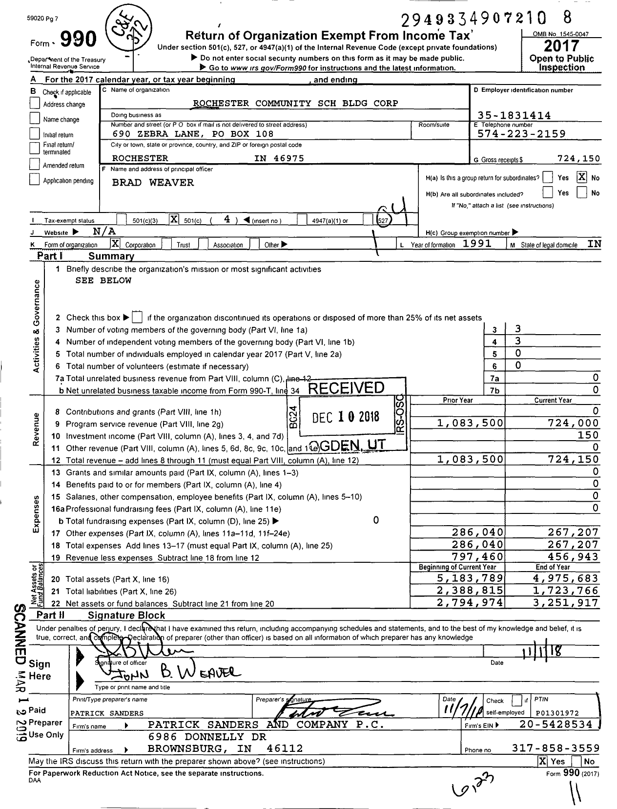 Image of first page of 2017 Form 990O for Rochester Community SCH Bldg Corporation