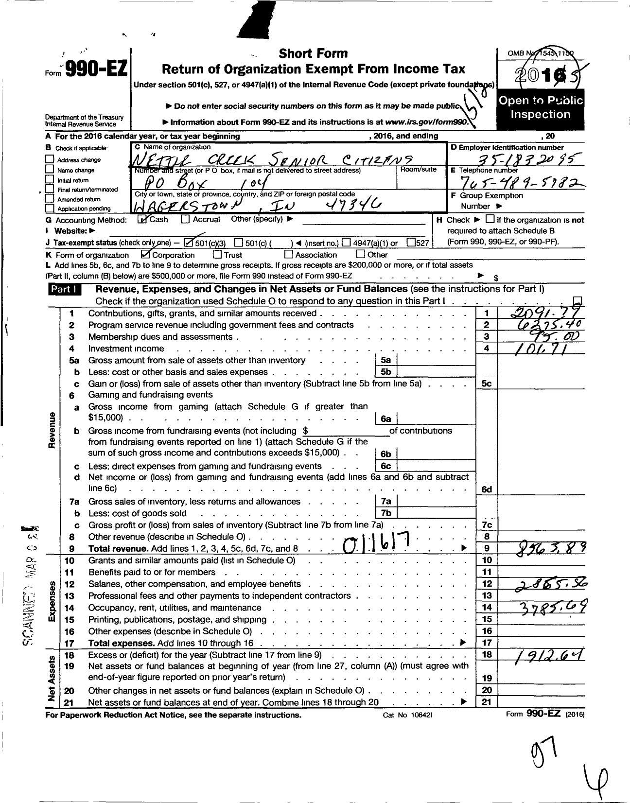 Image of first page of 2015 Form 990EZ for Nettle Creek Senior Citizens Center