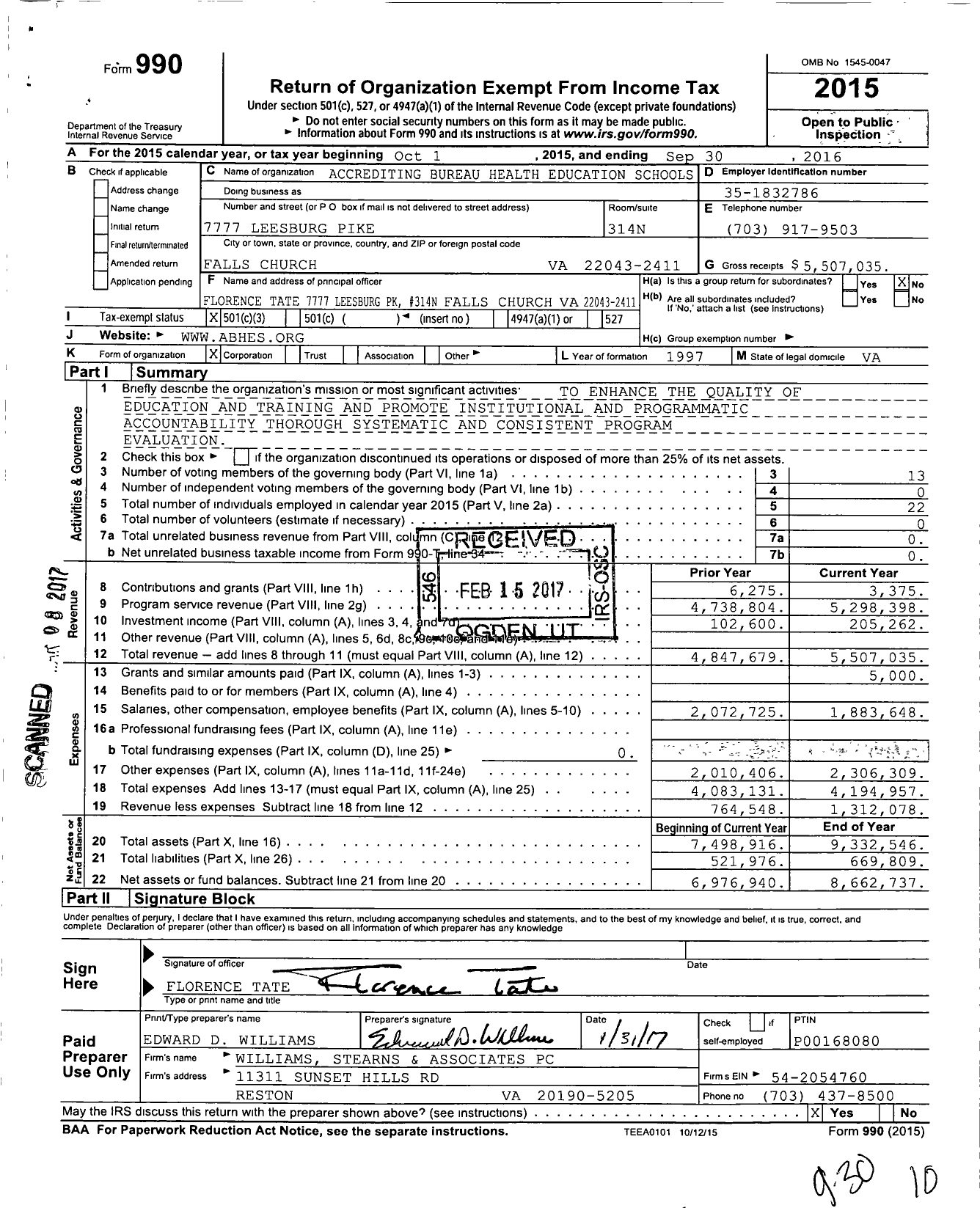 Image of first page of 2015 Form 990 for Accrediting Bureau of Health Education Schools (ABHES)