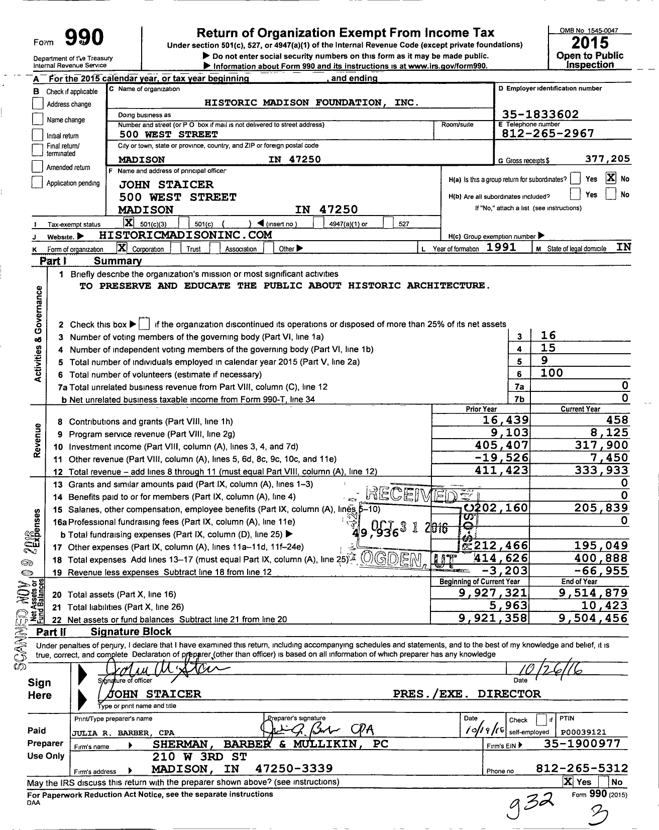 Image of first page of 2015 Form 990 for Historic Madison Foundation
