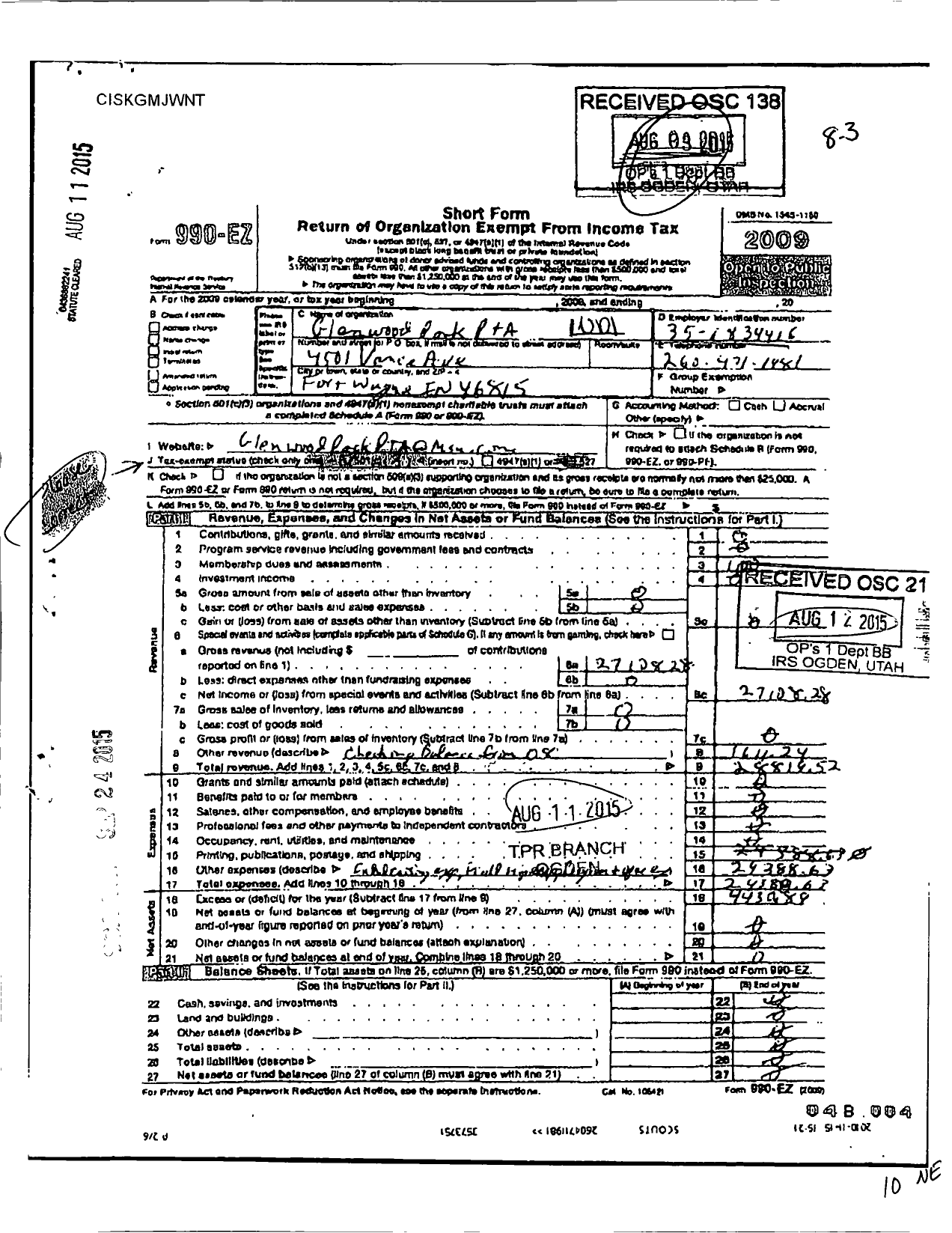 Image of first page of 2009 Form 990EZ for Indiana Congress of Parents and Teachers / Glenwood Park Elementary PTA