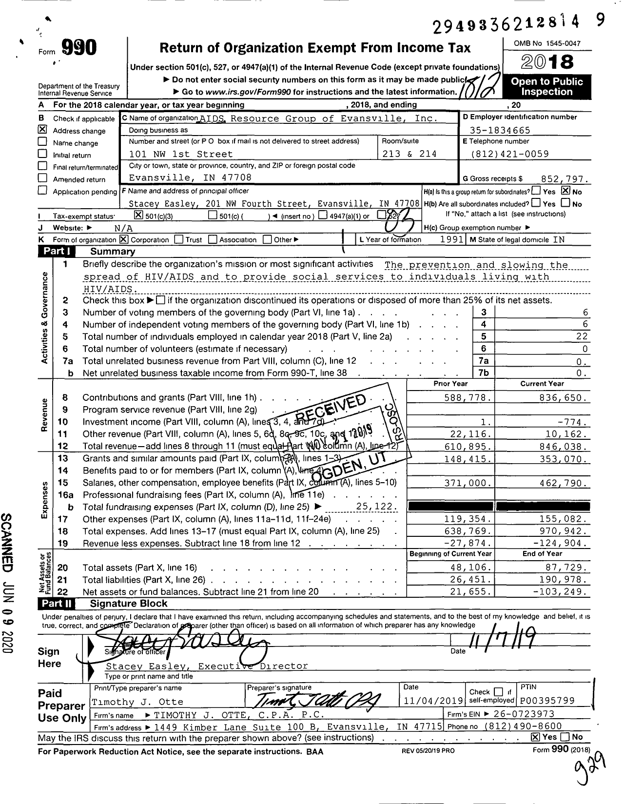 Image of first page of 2018 Form 990 for Aids Resource Group