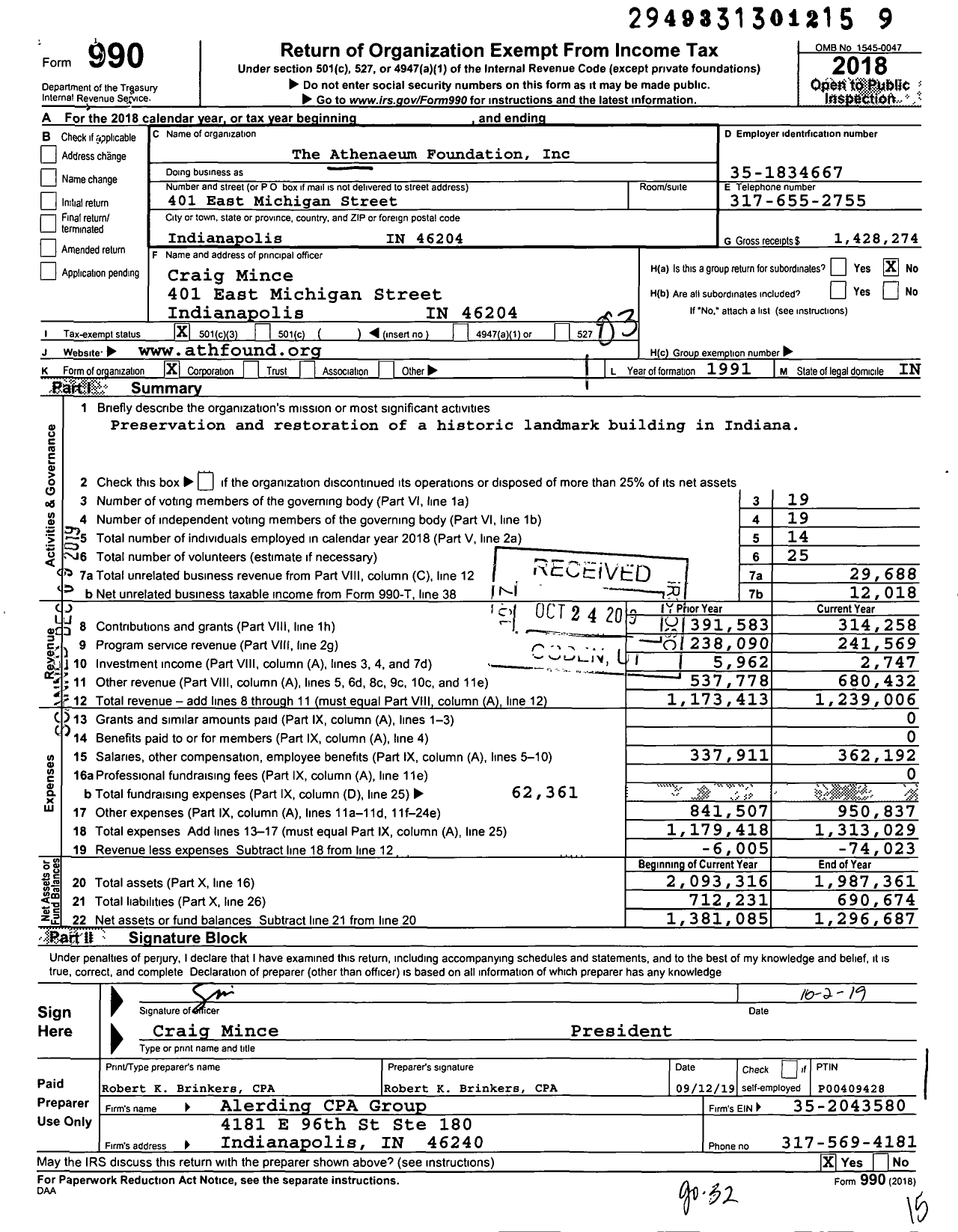 Image of first page of 2018 Form 990 for The Athenaeum Foundation