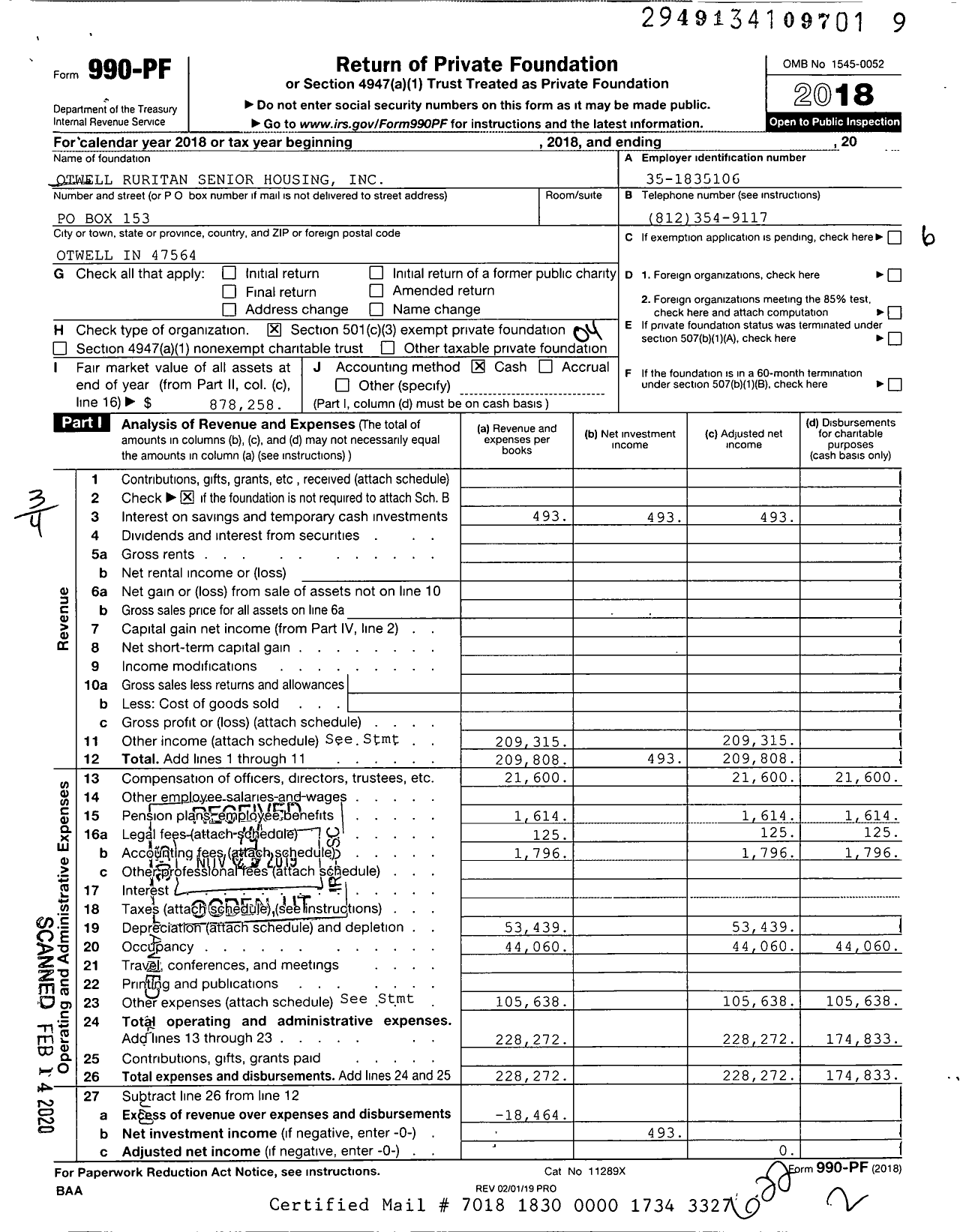 Image of first page of 2018 Form 990PF for Otwell Ruritan Senior Housing