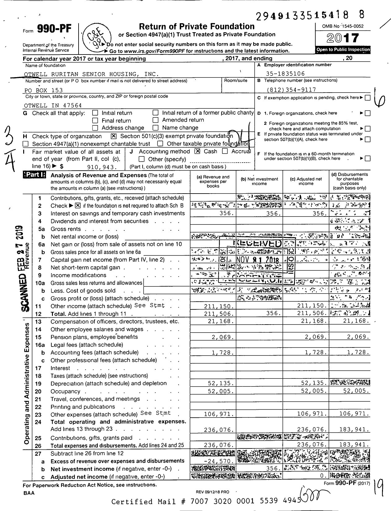 Image of first page of 2017 Form 990PF for Otwell Ruritan Senior Housing