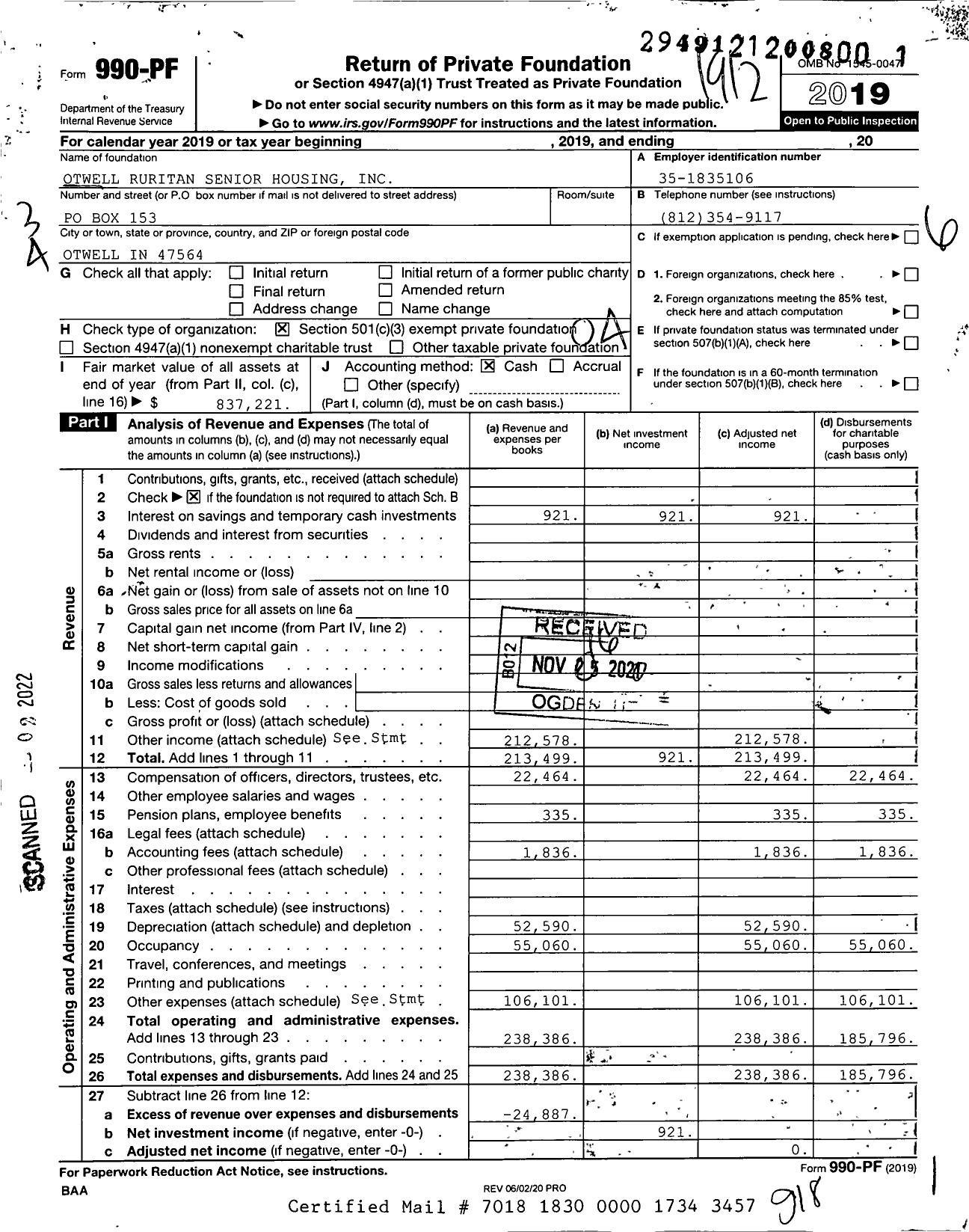 Image of first page of 2019 Form 990PF for Otwell Ruritan Senior Housing
