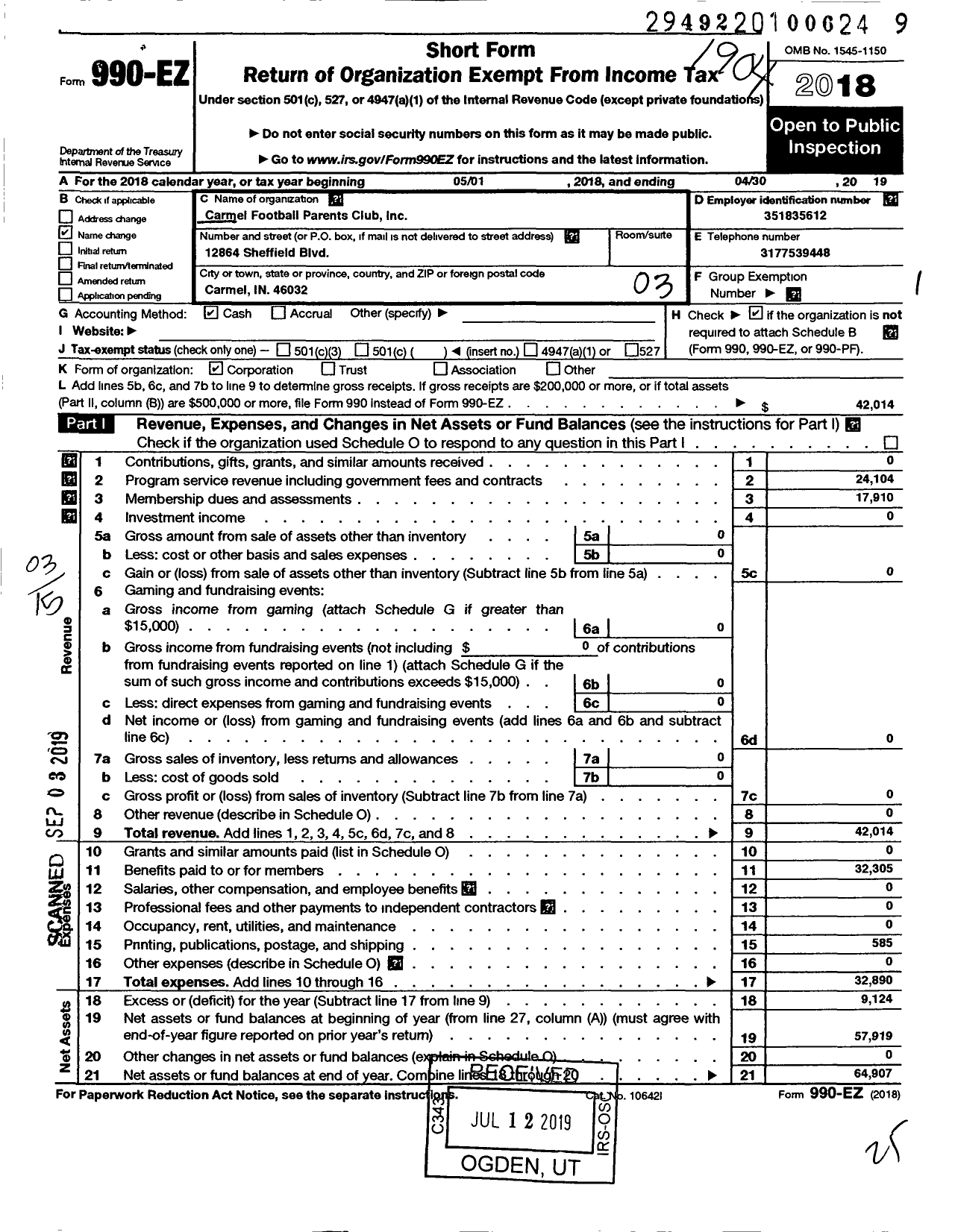 Image of first page of 2018 Form 990EZ for Carmel Football Mothers Club