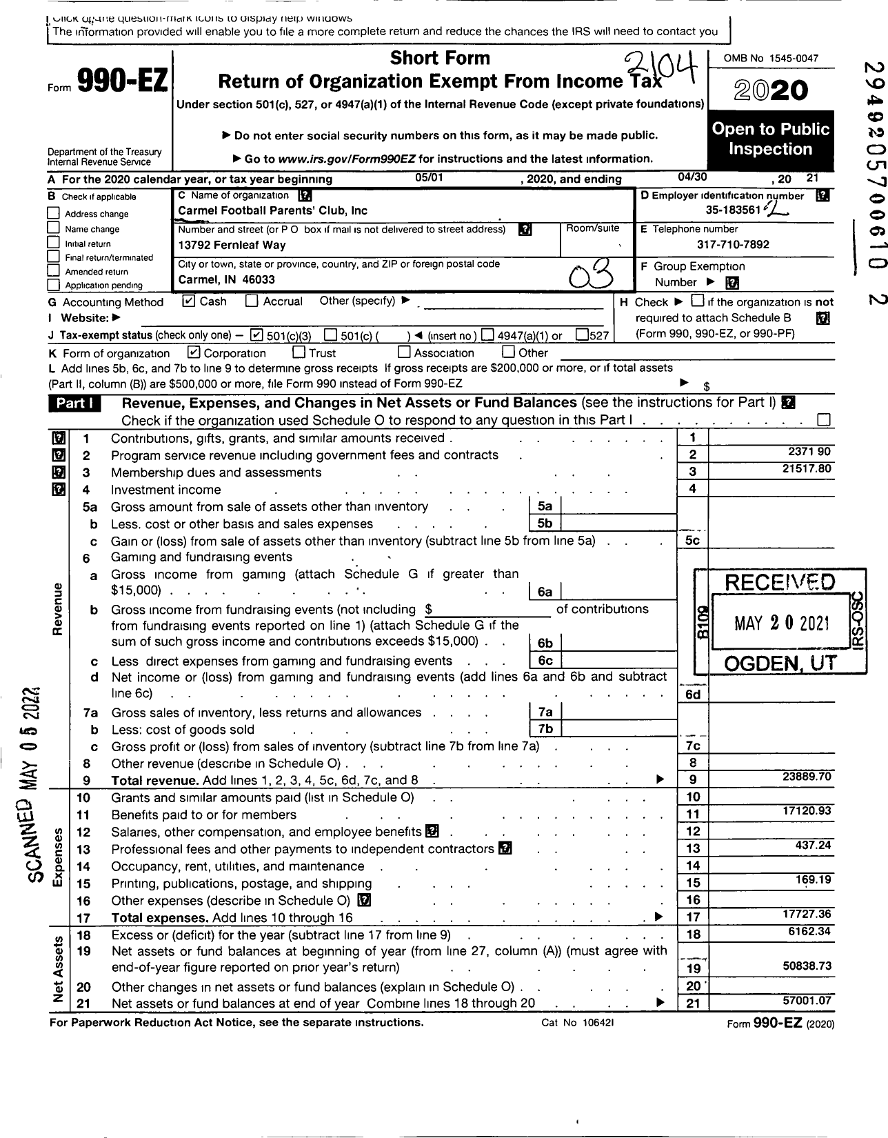 Image of first page of 2020 Form 990EZ for Carmel Football Mothers Club