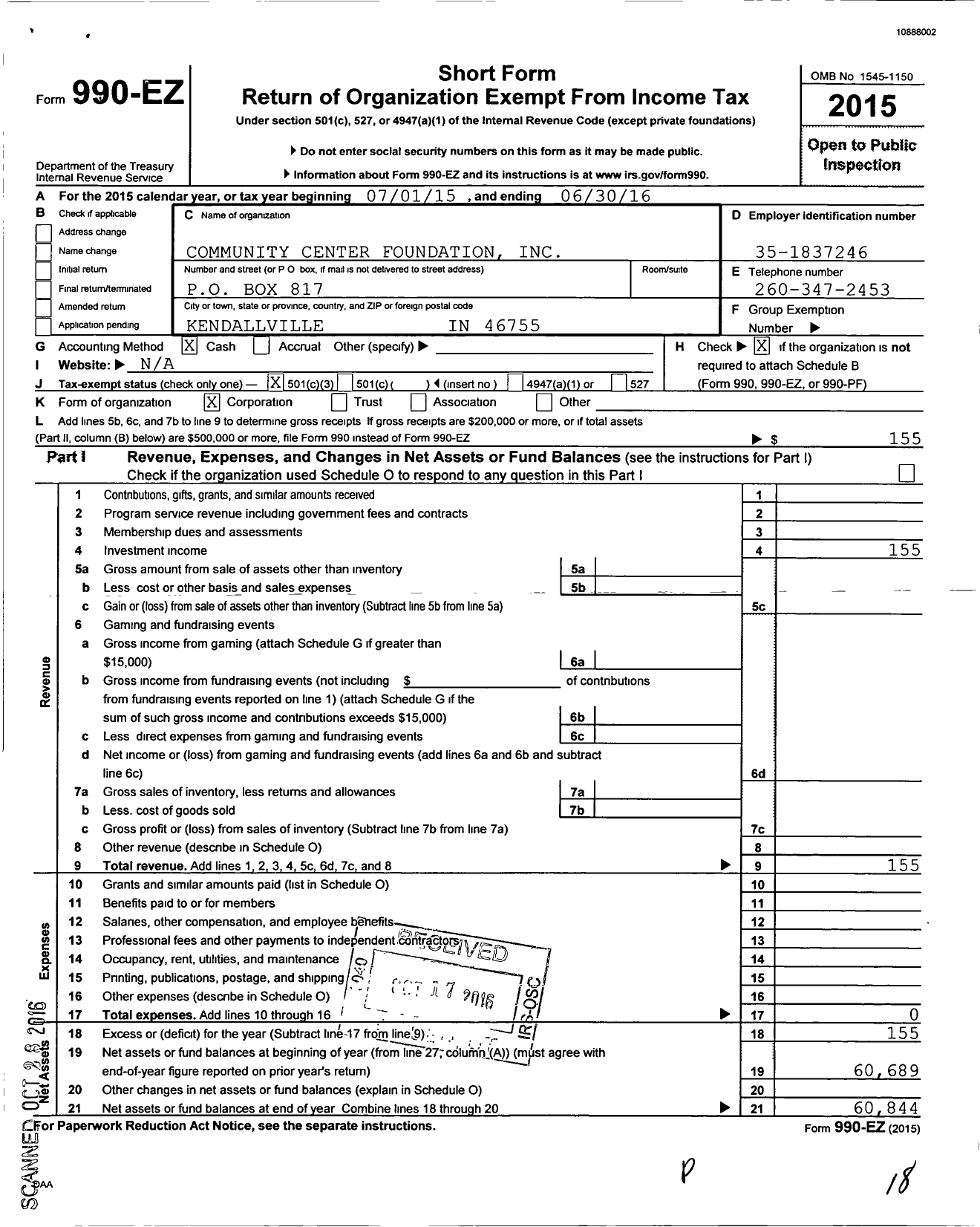 Image of first page of 2015 Form 990EZ for Community Center Foundation