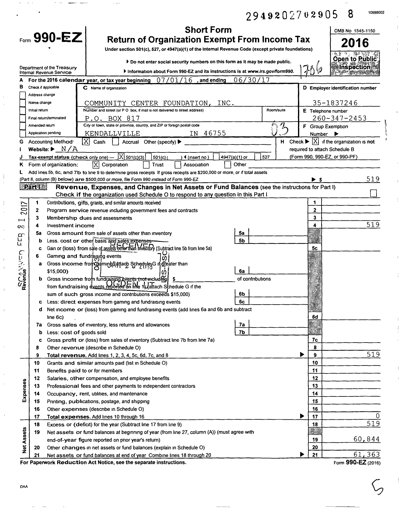 Image of first page of 2016 Form 990EZ for Community Center Foundation