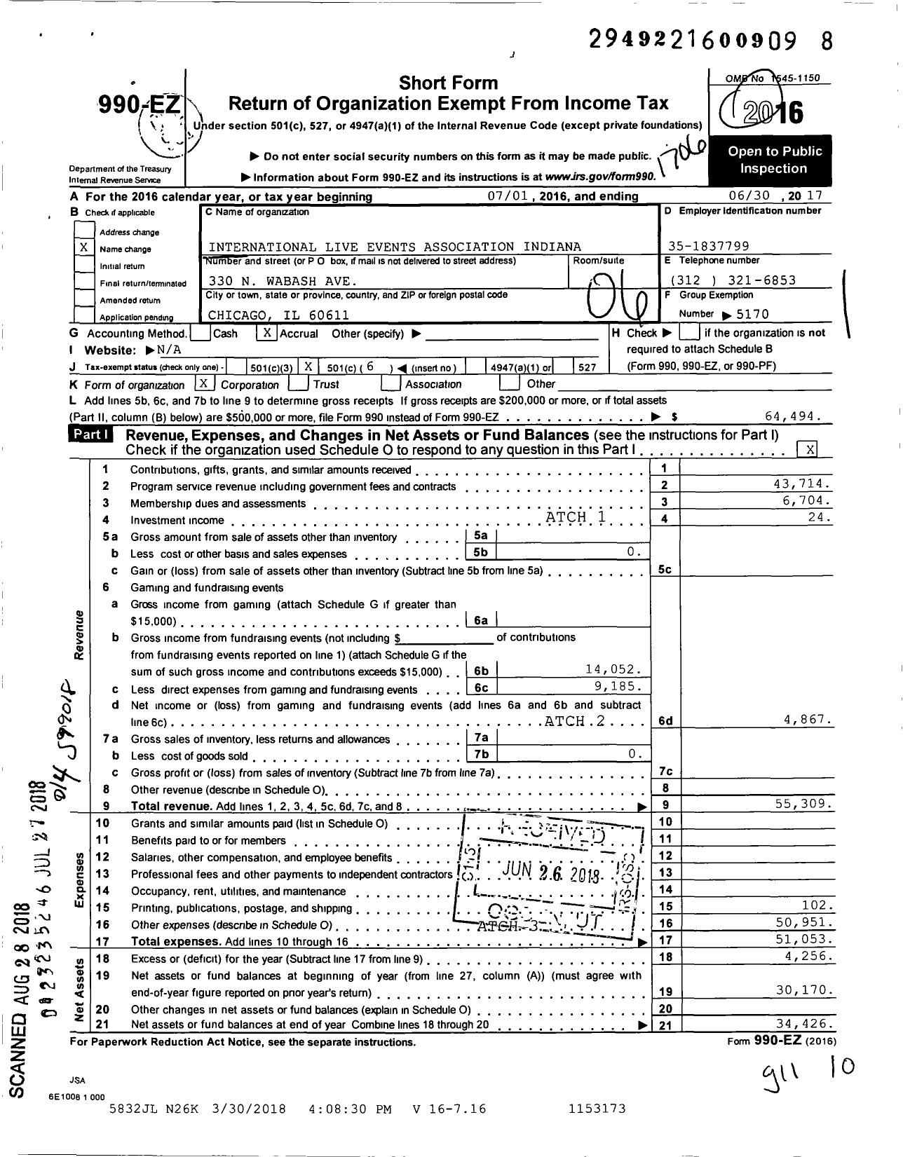 Image of first page of 2016 Form 990EO for International Live Events Association Indiana Chapter