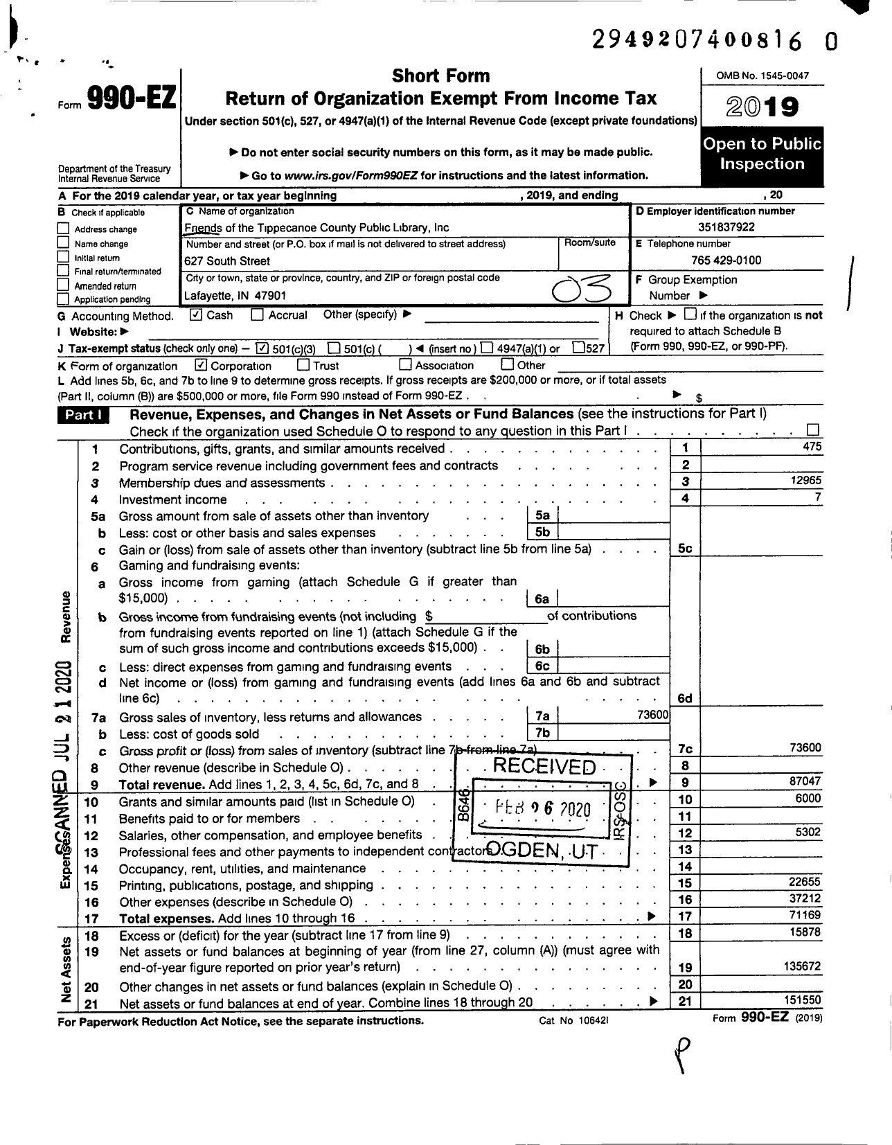 Image of first page of 2019 Form 990EZ for Friends of the Tippecanoe County Public Library