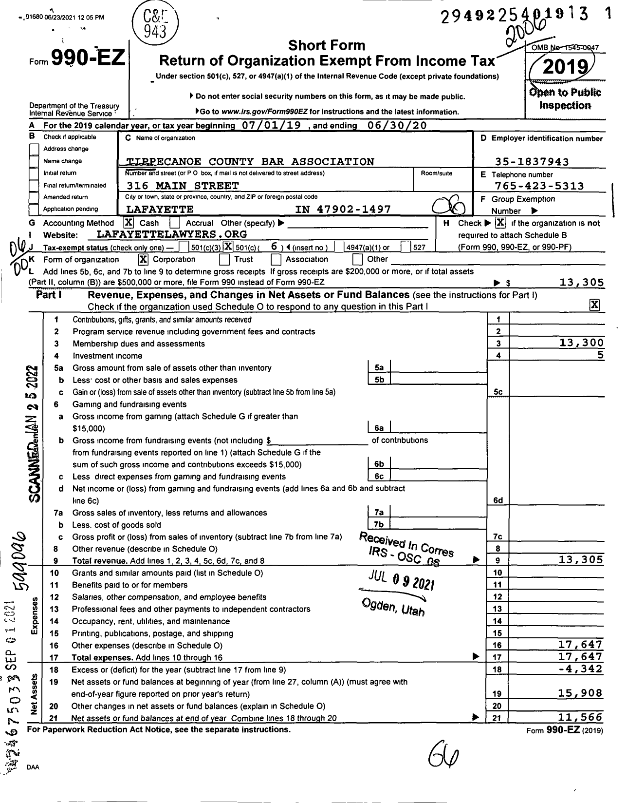 Image of first page of 2019 Form 990EO for Tippecanoe County Bar Association