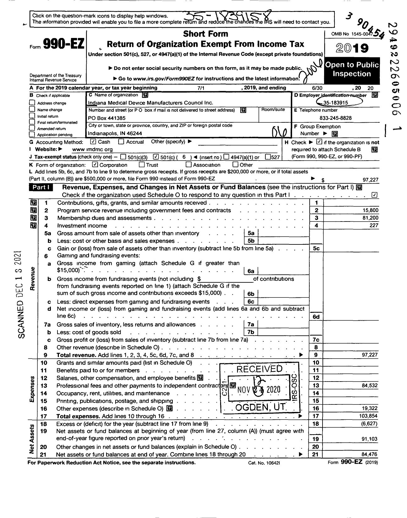 Image of first page of 2019 Form 990EO for Indiana Medical Device Manufacturers Council