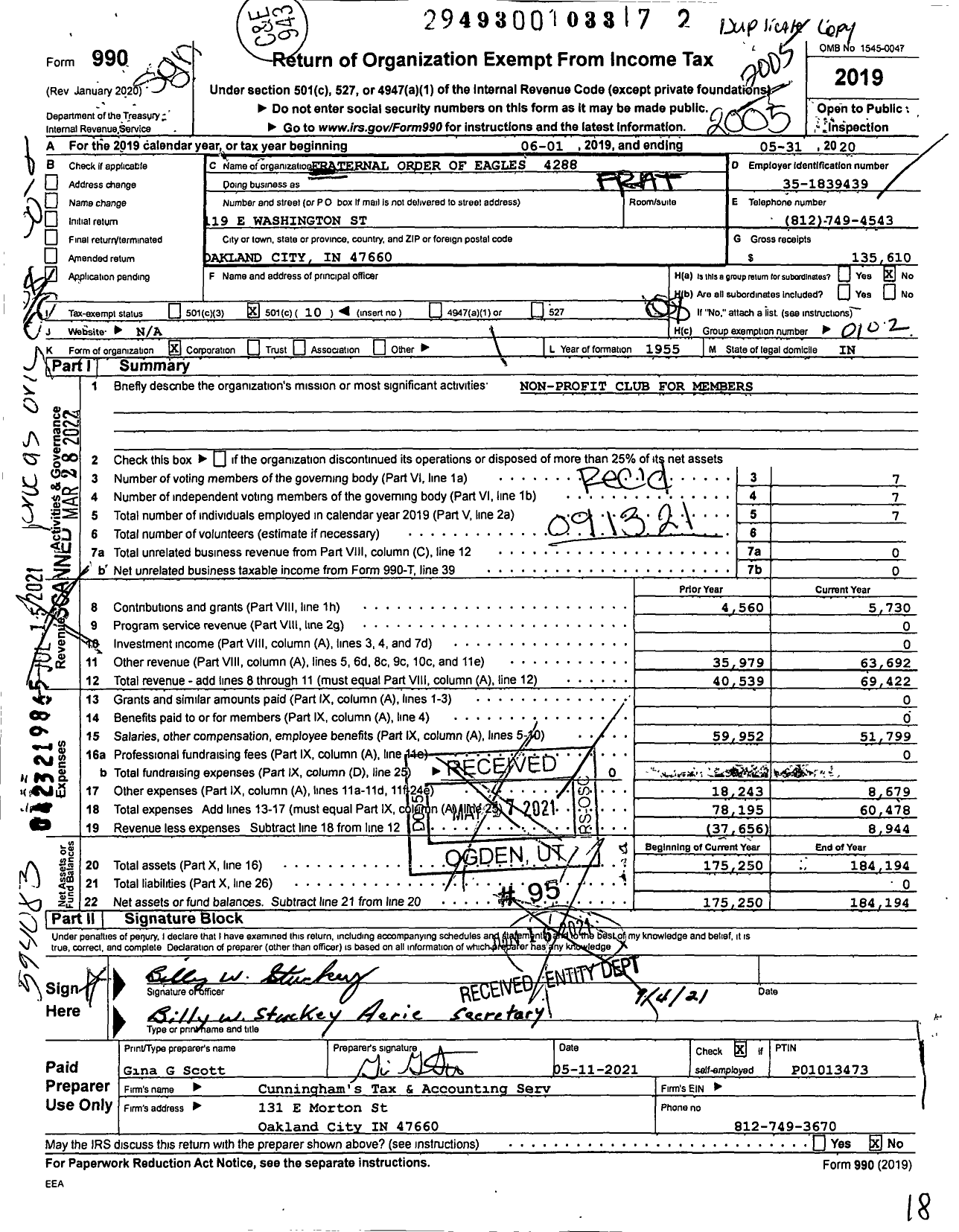 Image of first page of 2019 Form 990O for Fraternal Order of Eagles - Darrell L Corn