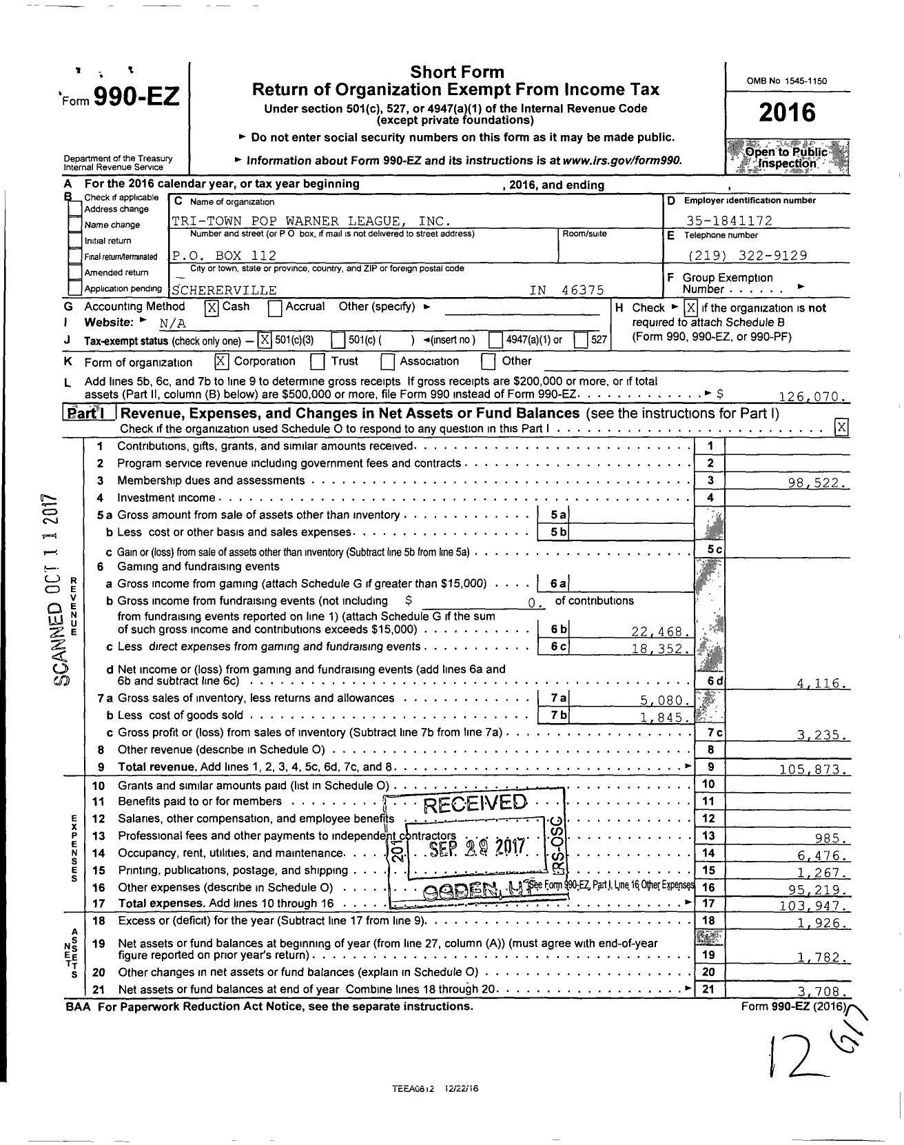 Image of first page of 2016 Form 990EZ for Tri-Town Pop Warner League