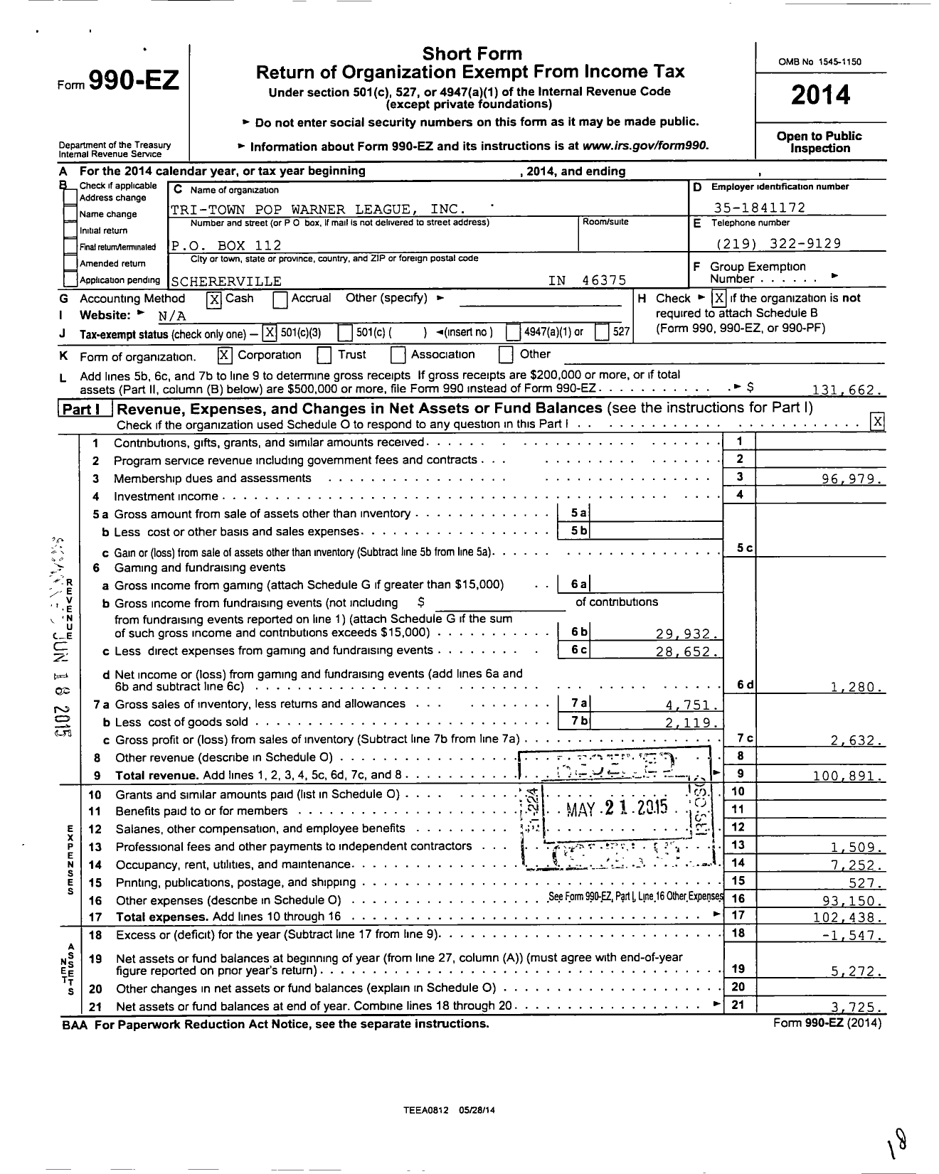 Image of first page of 2014 Form 990EZ for Tri-Town Pop Warner League