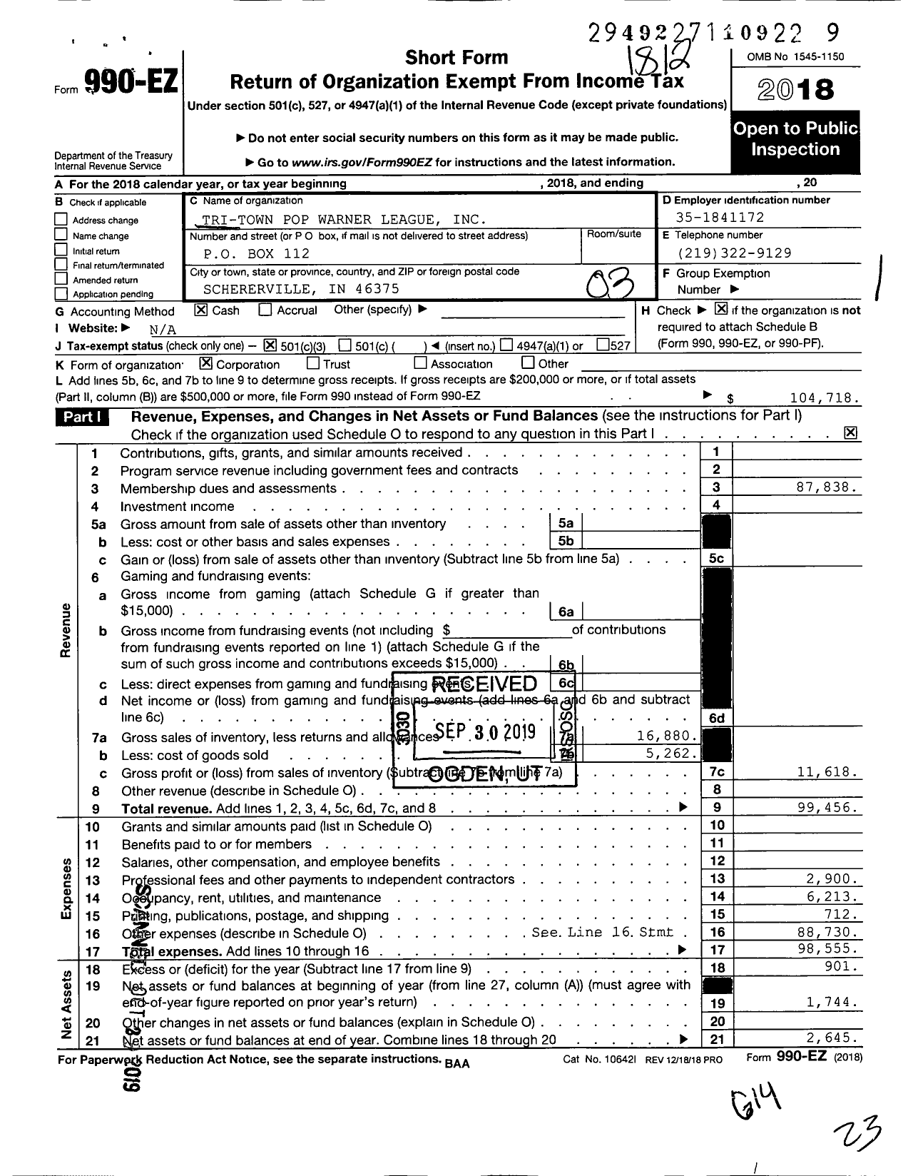 Image of first page of 2018 Form 990EZ for Tri-Town Pop Warner League