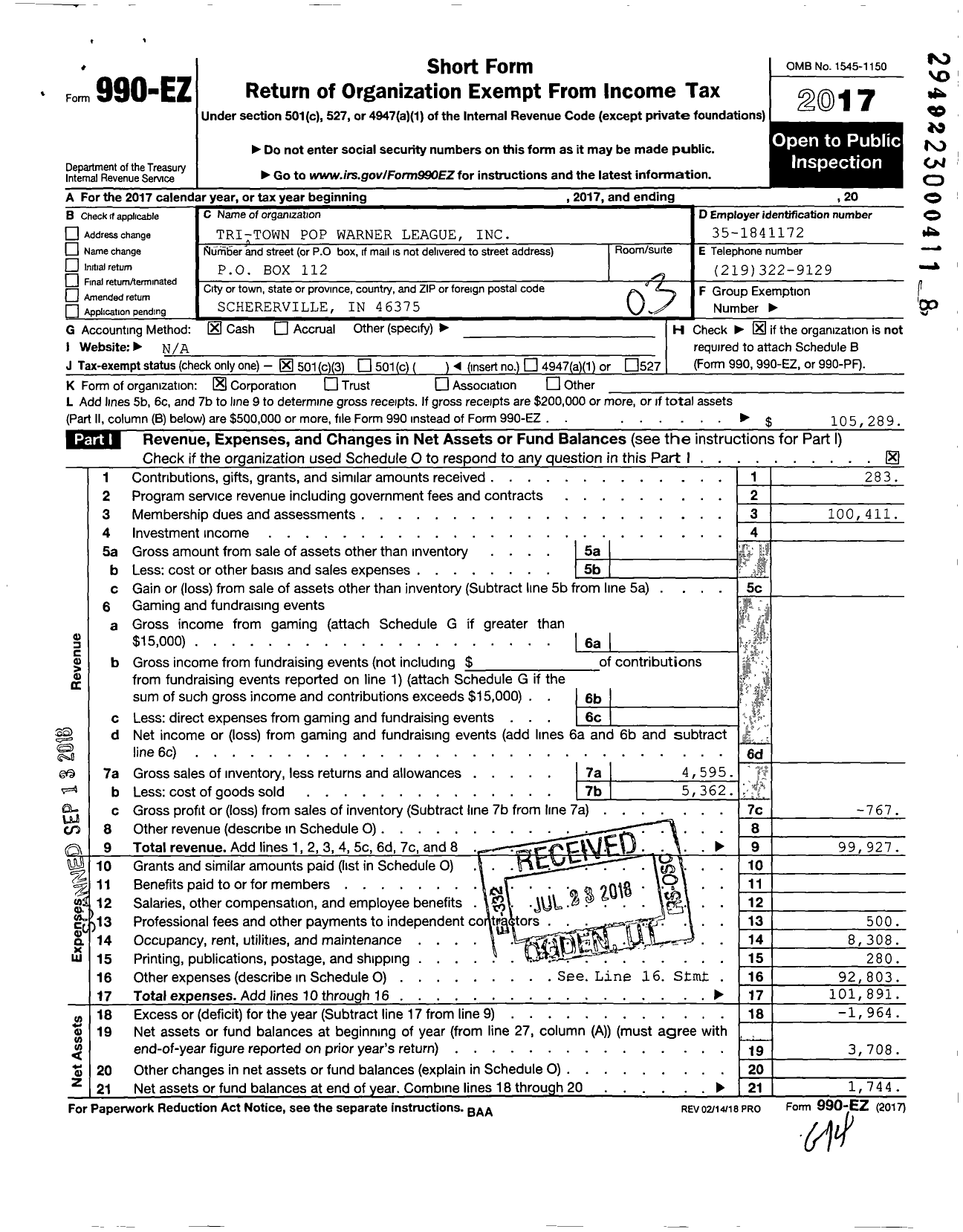 Image of first page of 2017 Form 990EZ for Tri-Town Pop Warner League