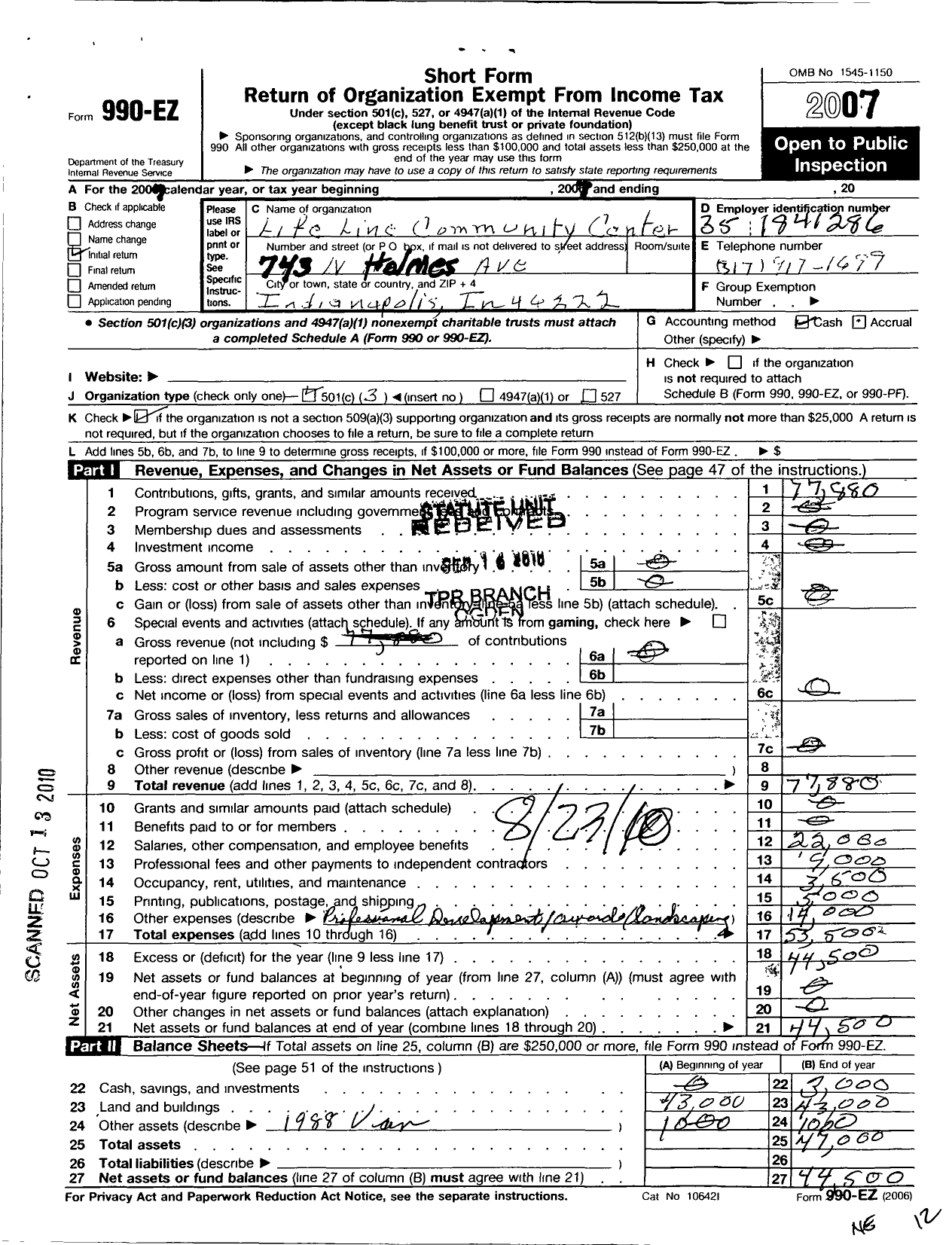 Image of first page of 2007 Form 990EZ for Life Line Community Center