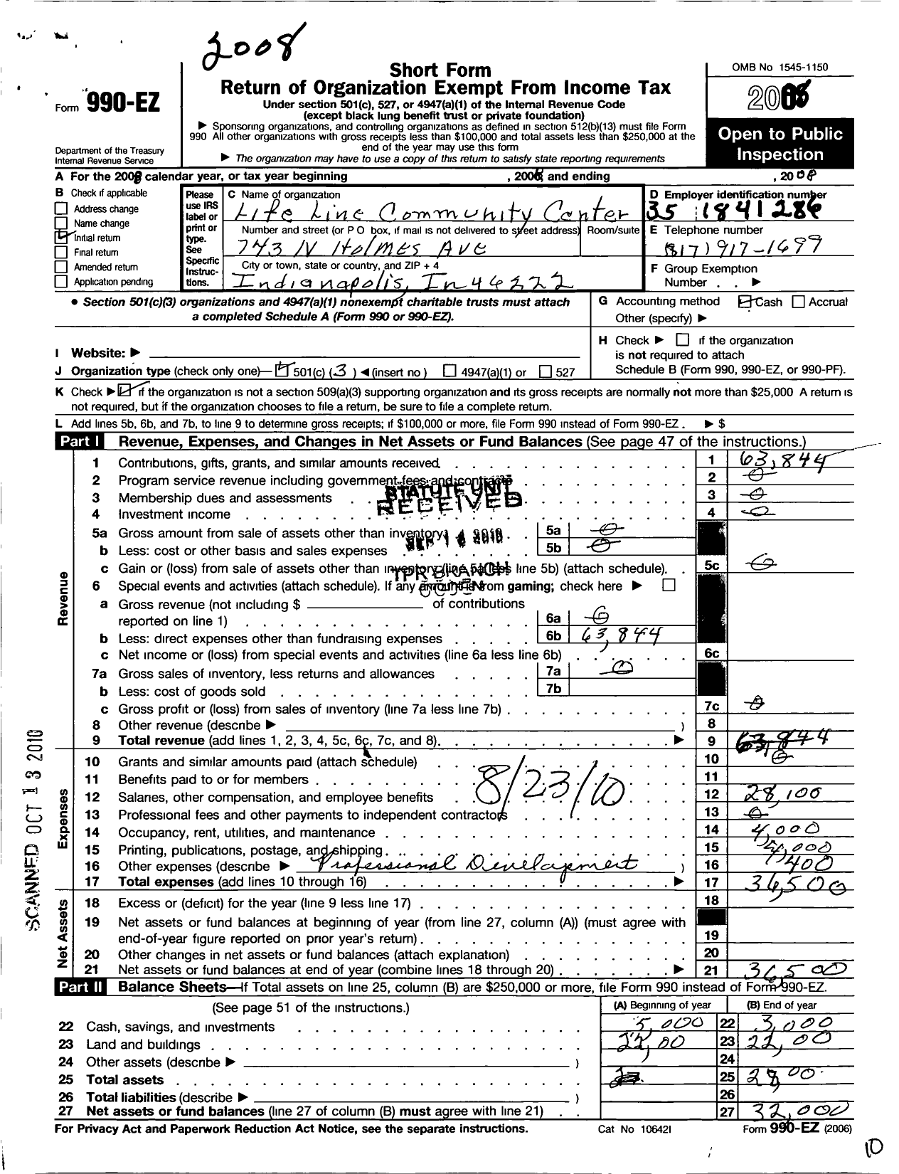 Image of first page of 2008 Form 990EZ for Life Line Community Center