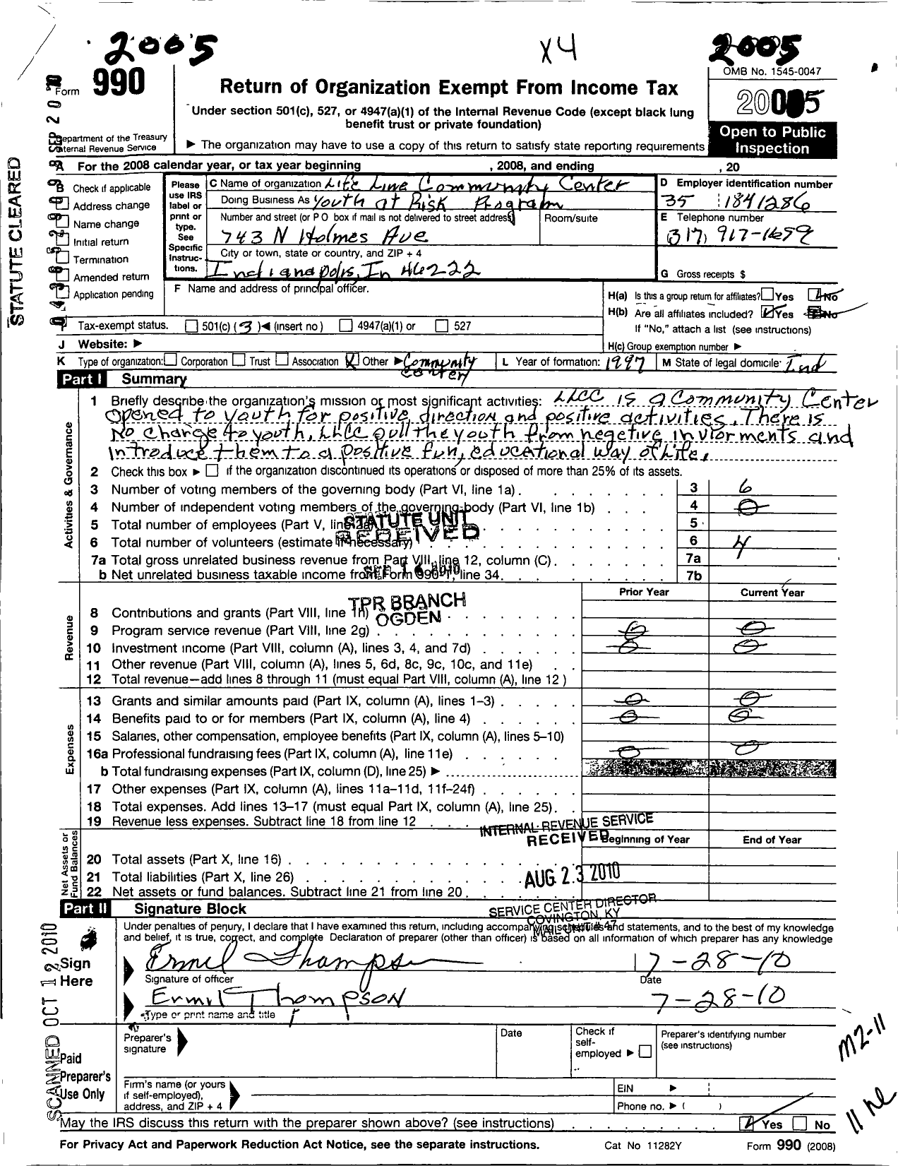 Image of first page of 2005 Form 990 for Life Line Community Center