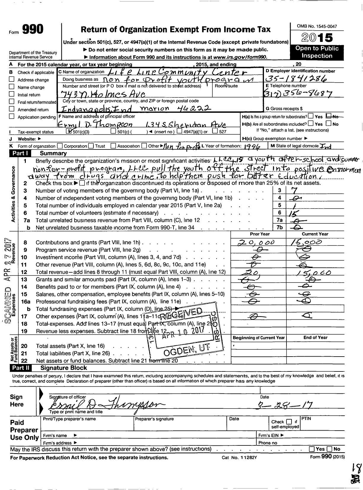 Image of first page of 2015 Form 990 for Life Line Community Center