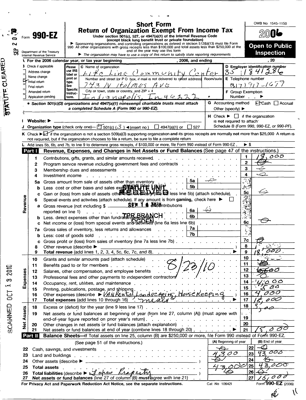 Image of first page of 2006 Form 990EZ for Life Line Community Center