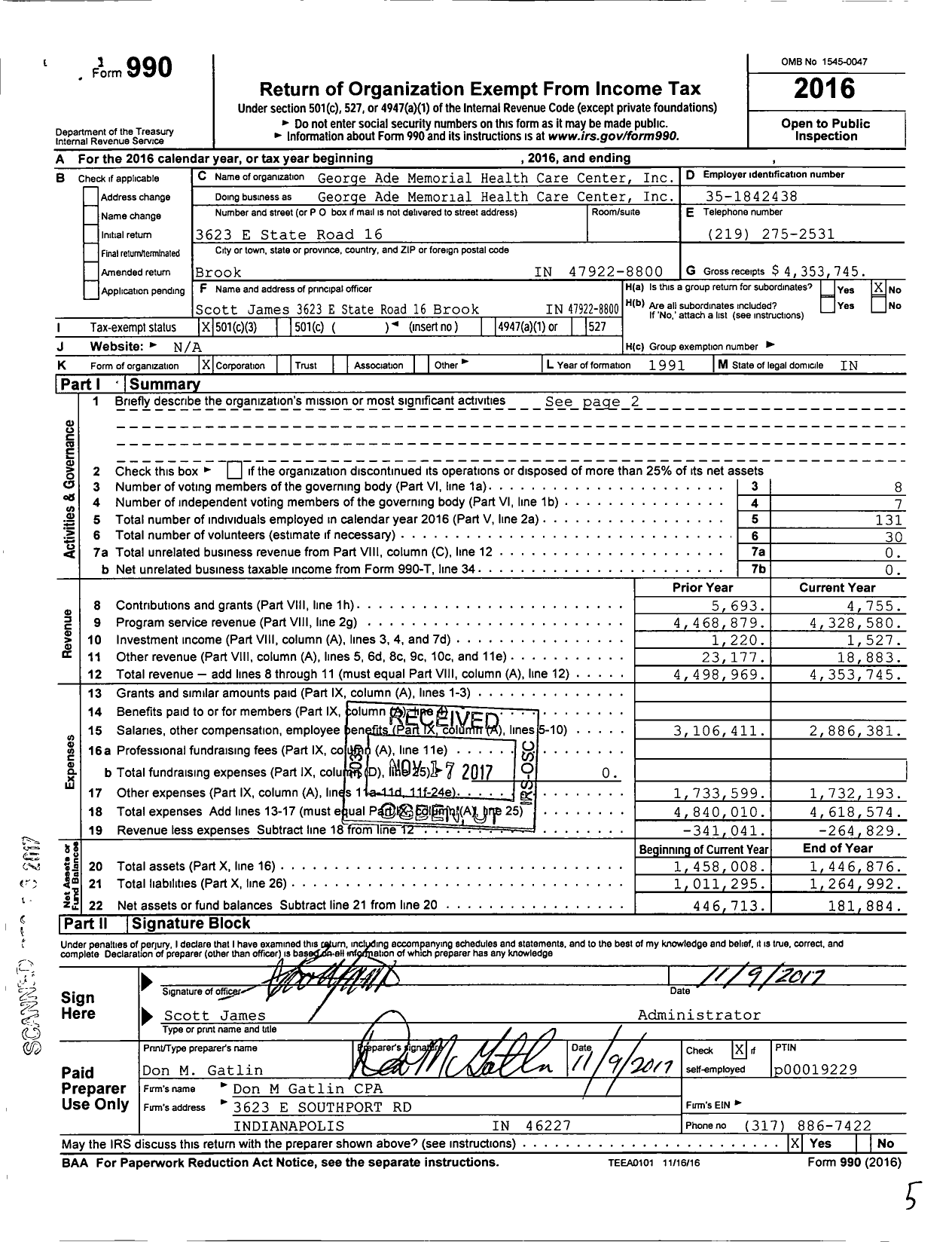 Image of first page of 2016 Form 990 for George Ade Memorial Health Care Center