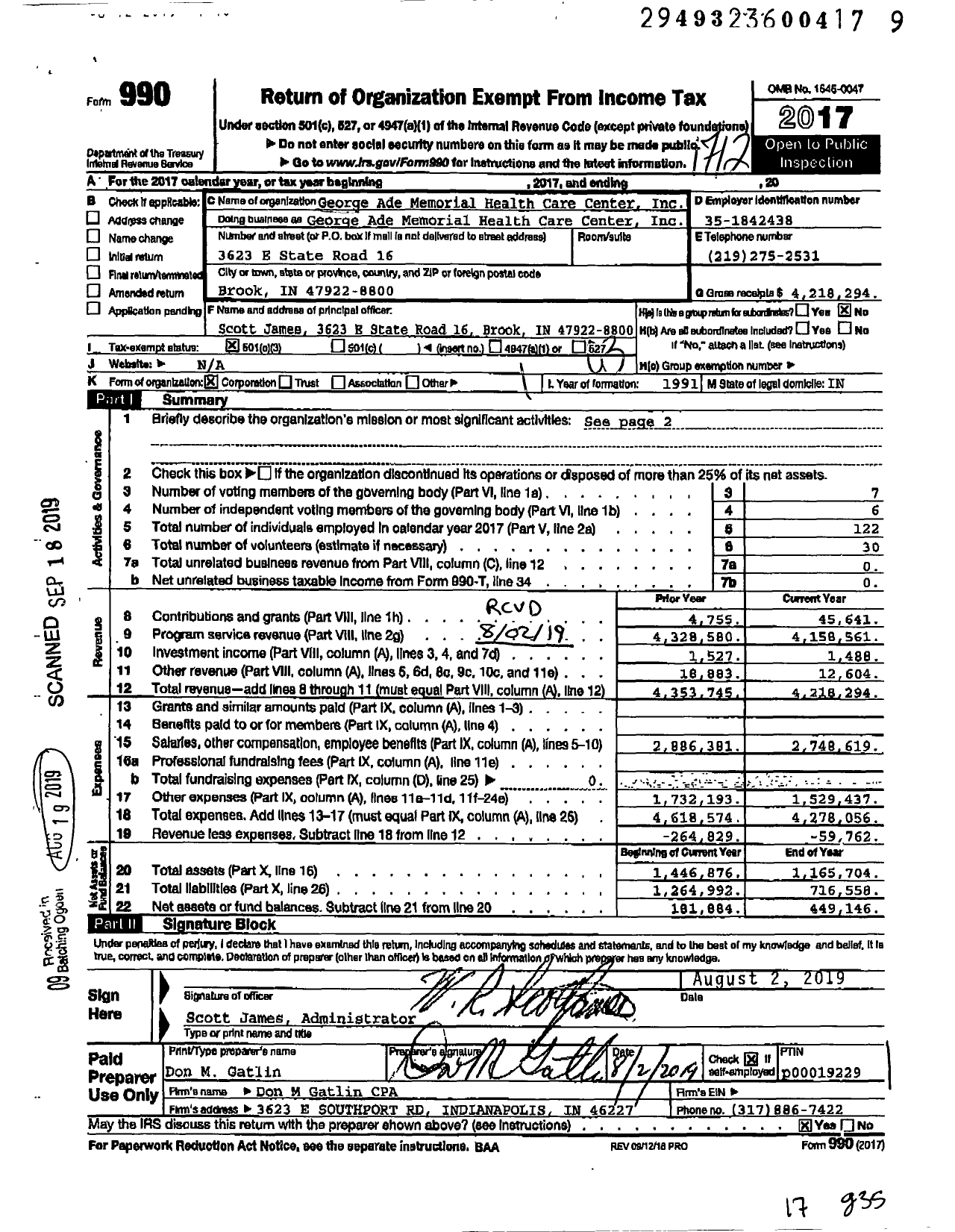 Image of first page of 2017 Form 990 for George Ade Memorial Health Care Center