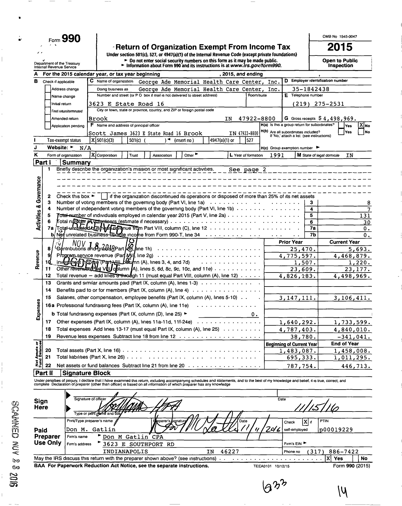 Image of first page of 2015 Form 990 for George Ade Memorial Health Care Center