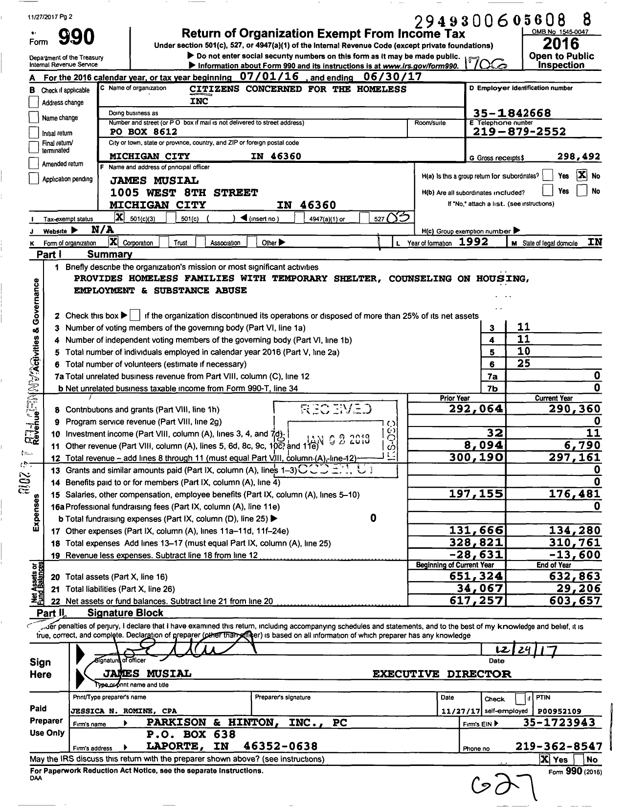 Image of first page of 2016 Form 990 for Citizens Concerned for the Homeless