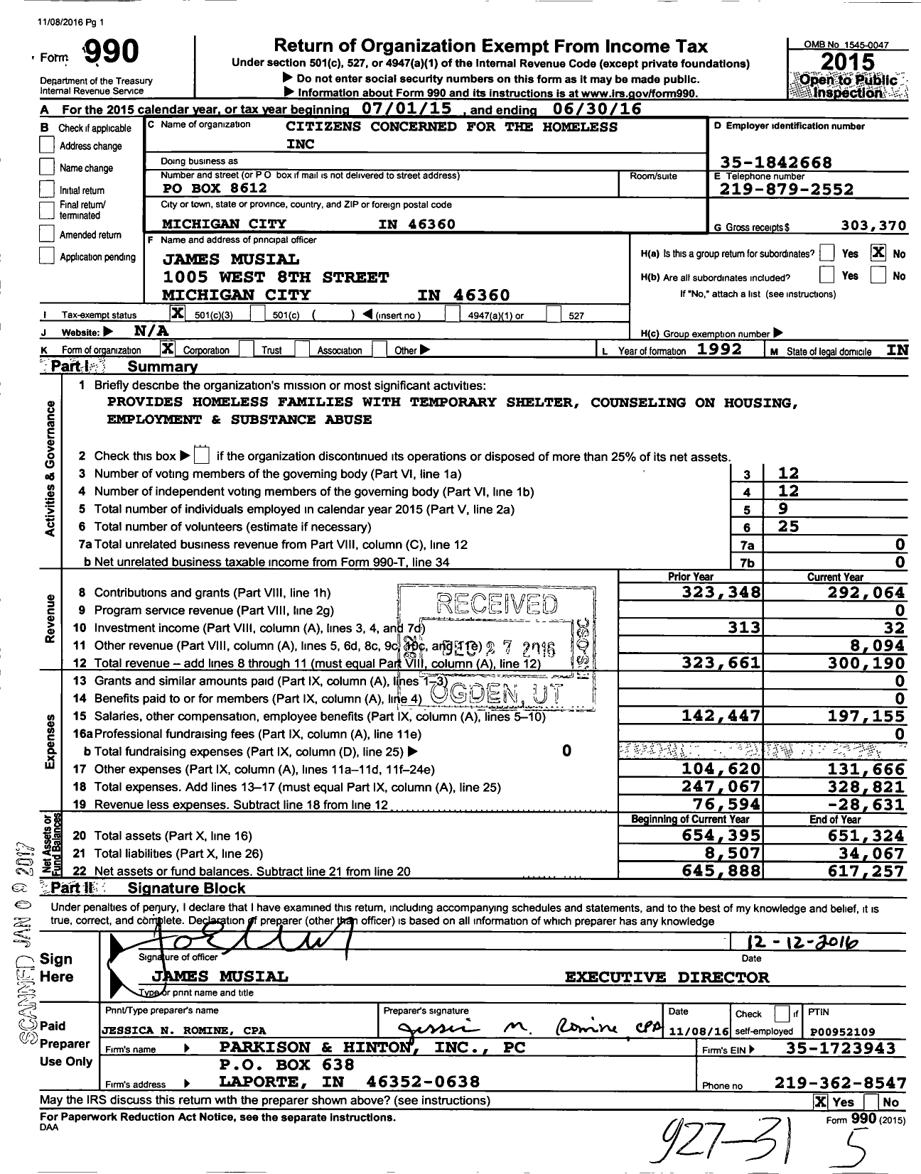 Image of first page of 2015 Form 990 for Citizens Concerned for the Homeless