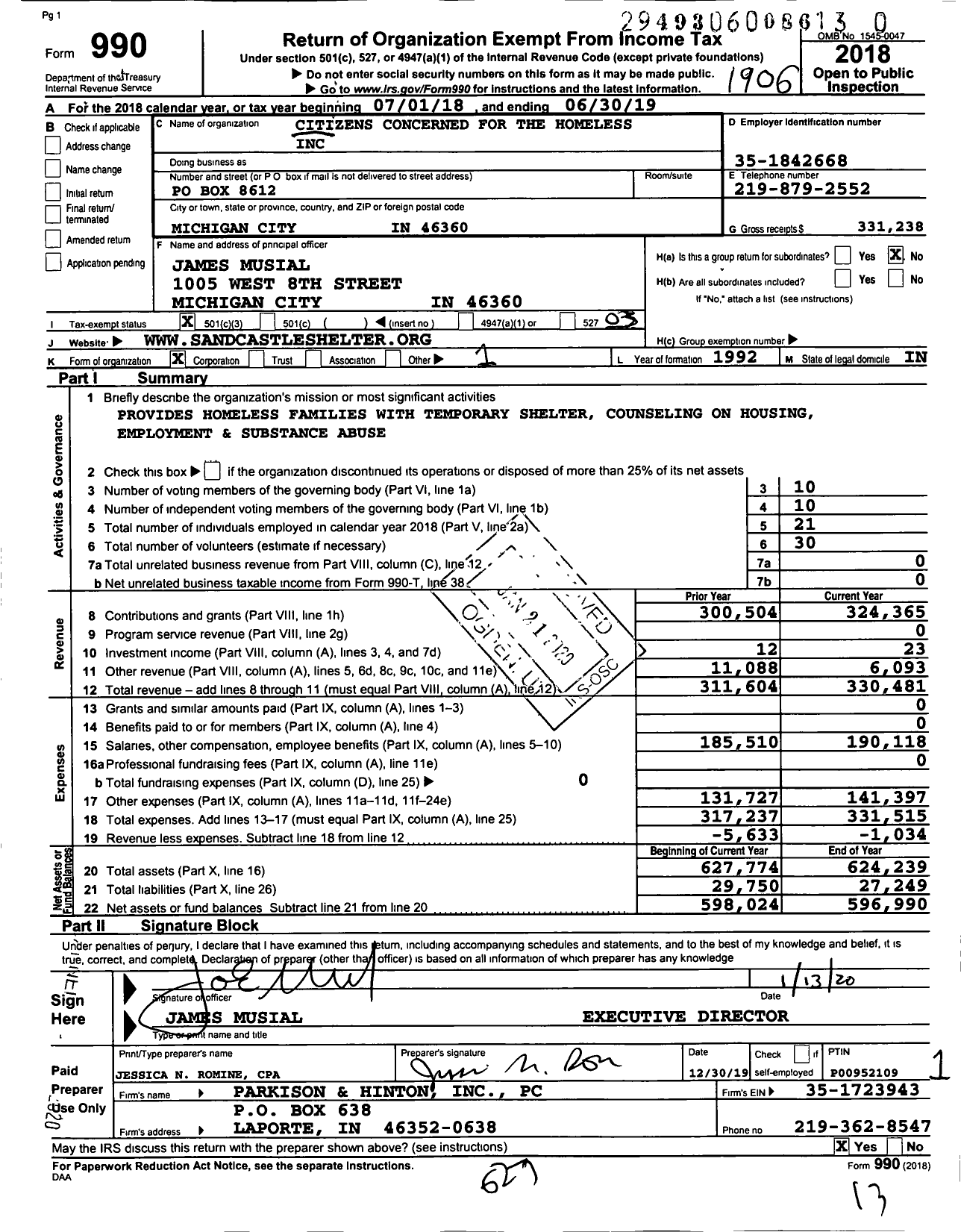 Image of first page of 2018 Form 990 for Citizens Concerned for the Homeless